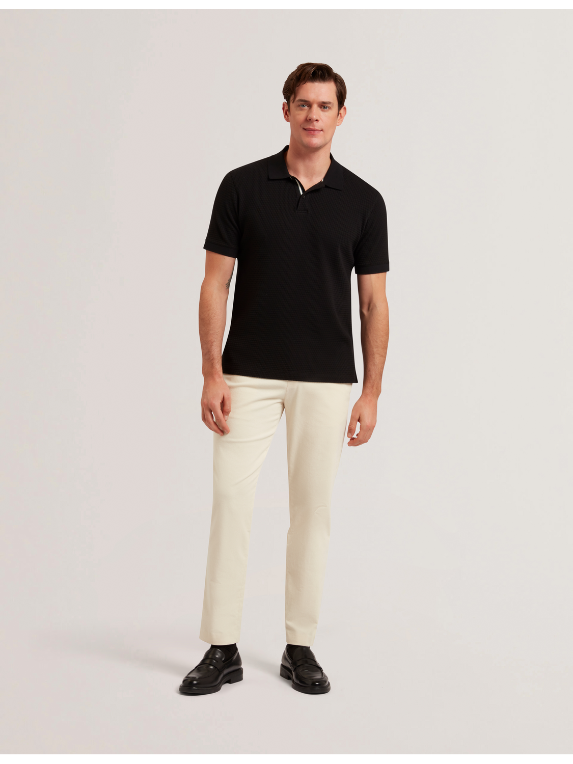 Ted Baker REDMAN - Textured Pure Cotton Knitted Polo Shirt BLACK