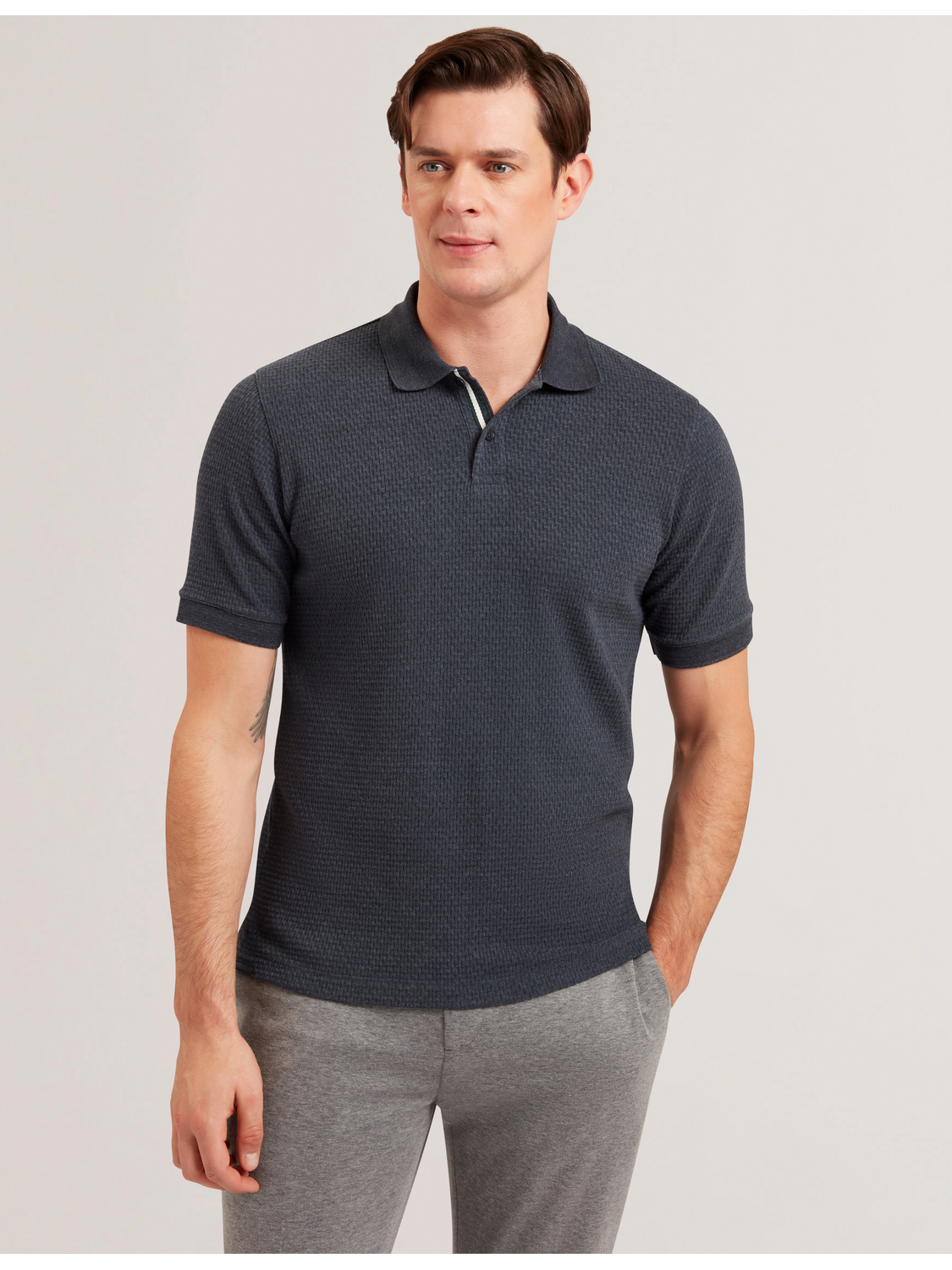 Ted Baker REDMAN - Textured Pure Cotton Knitted Polo Shirt NAVY