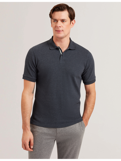 Ted Baker REDMAN - Textured Pure Cotton Knitted Polo Shirt NAVY