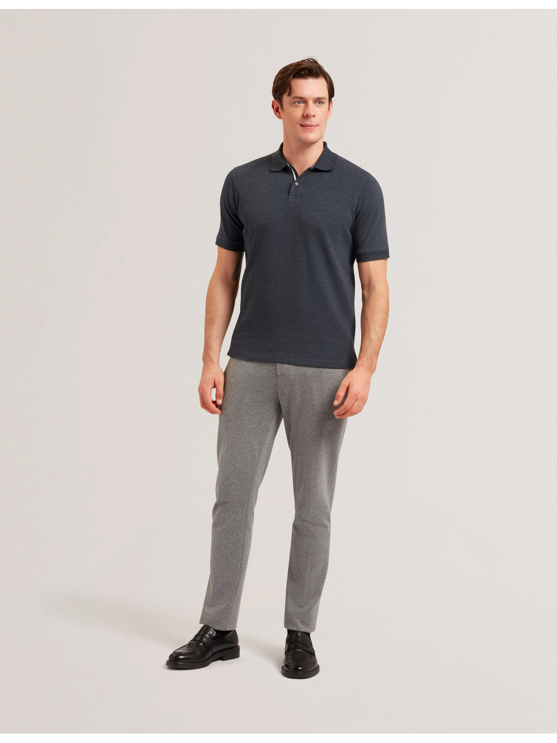 Ted Baker REDMAN - Textured Pure Cotton Knitted Polo Shirt NAVY