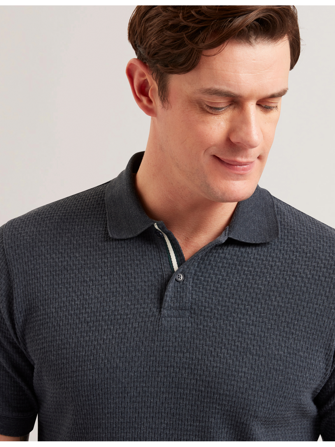 Ted Baker REDMAN - Textured Pure Cotton Knitted Polo Shirt NAVY