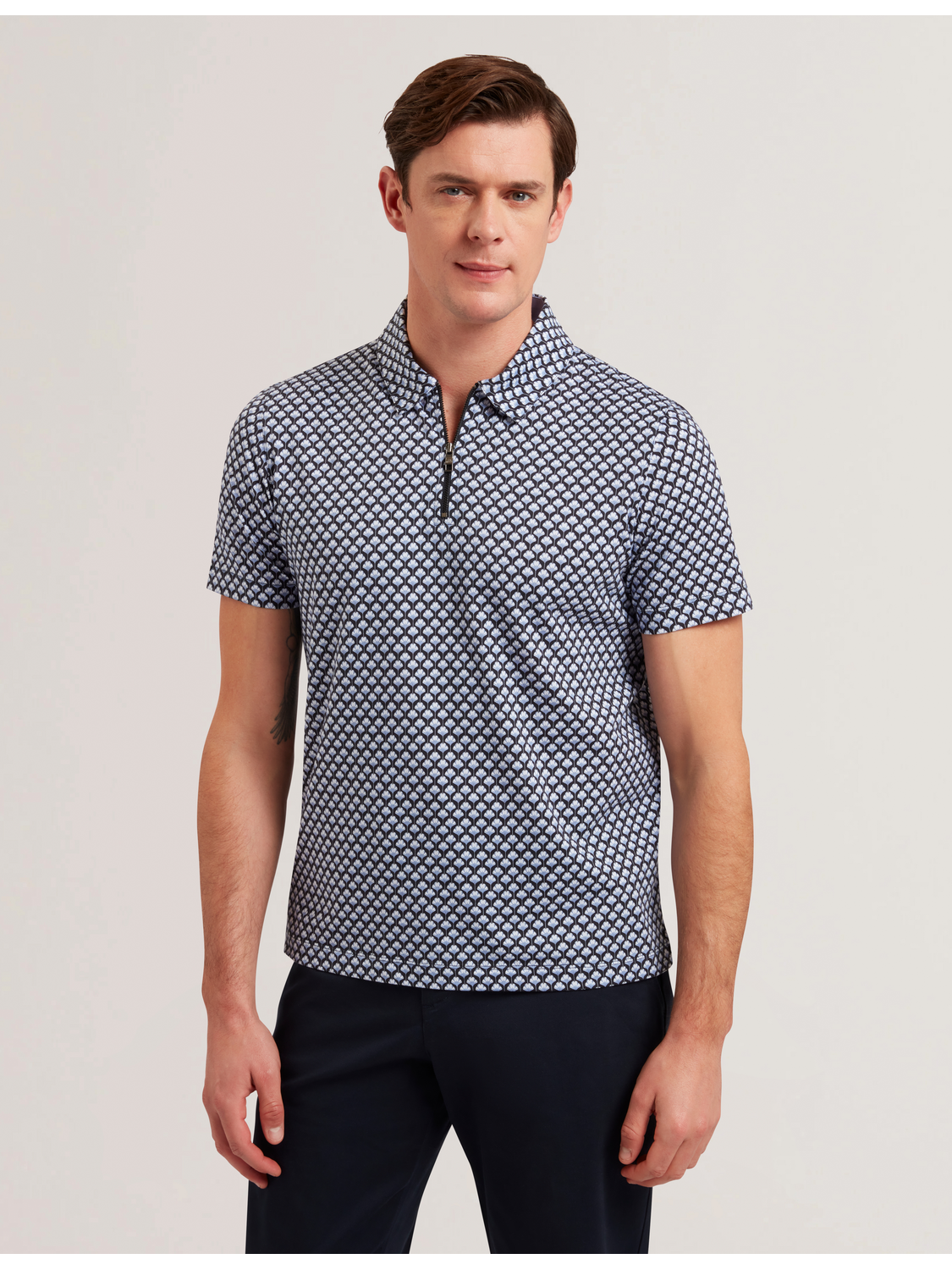 Ted Baker OUNSLO - Printed Zip Neck Cotton Polo Shirt BLUE