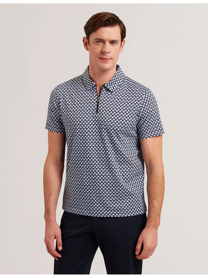Ted Baker OUNSLO - Printed Zip Neck Cotton Polo Shirt BLUE