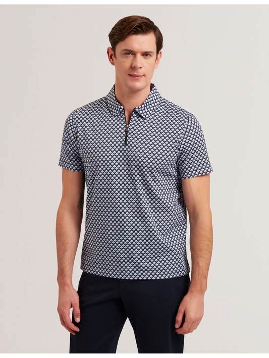 Ted Baker OUNSLO - Printed Zip Neck Cotton Polo Shirt BLUE