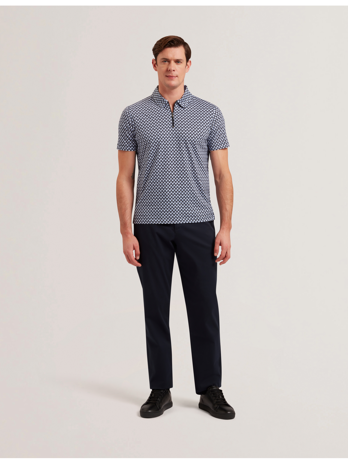 Ted Baker OUNSLO - Printed Zip Neck Cotton Polo Shirt BLUE