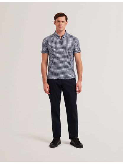 Ted Baker OUNSLO - Printed Zip Neck Cotton Polo Shirt BLUE