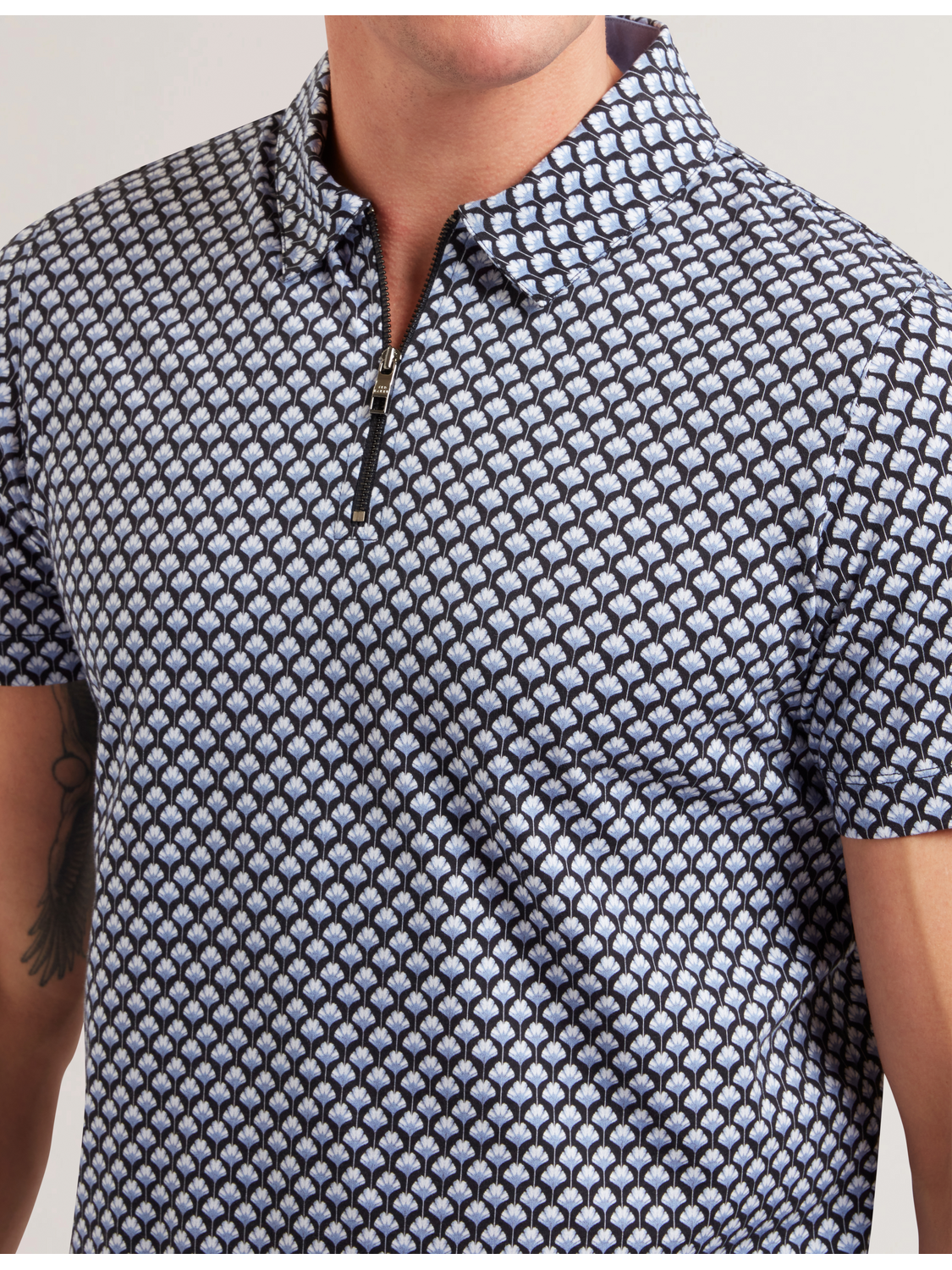 Ted Baker OUNSLO - Printed Zip Neck Cotton Polo Shirt BLUE