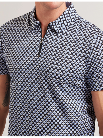 Ted Baker OUNSLO - Printed Zip Neck Cotton Polo Shirt BLUE