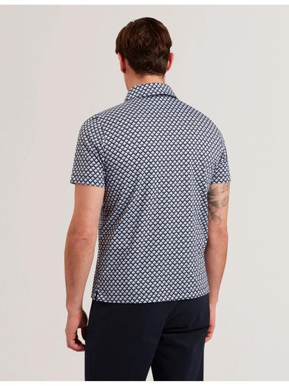 Ted Baker OUNSLO - Printed Zip Neck Cotton Polo Shirt BLUE