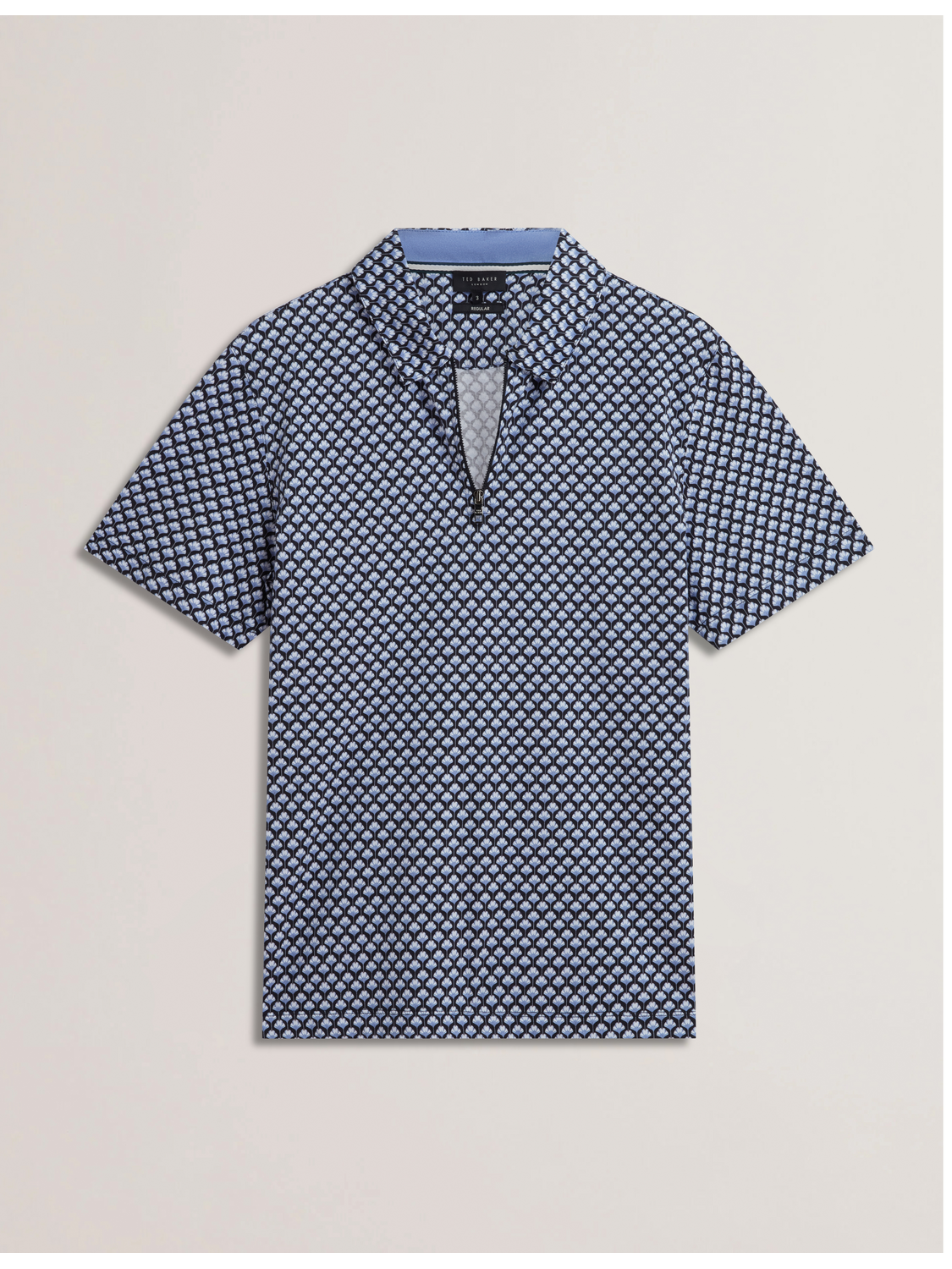 Ted Baker OUNSLO - Printed Zip Neck Cotton Polo Shirt BLUE