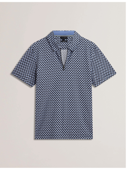 Ted Baker OUNSLO - Printed Zip Neck Cotton Polo Shirt BLUE
