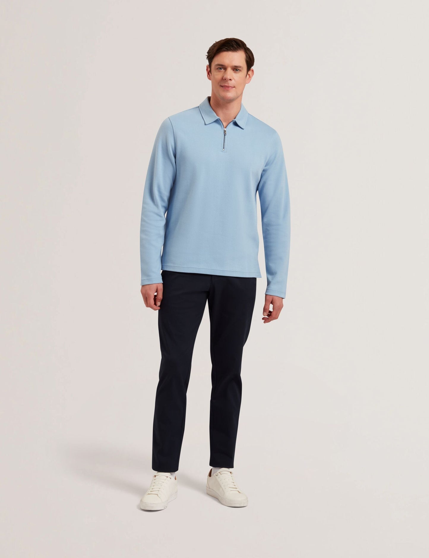 Ted Baker KALEND - Herringbone Zip Neck Long Sleeve Polo Shirt BLUE