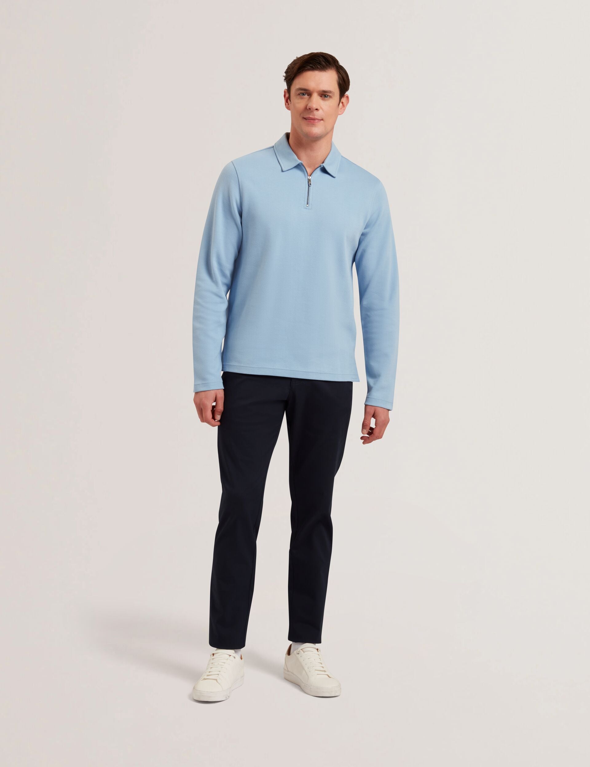 Ted Baker KALEND - Herringbone Zip Neck Long Sleeve Polo Shirt BLUE