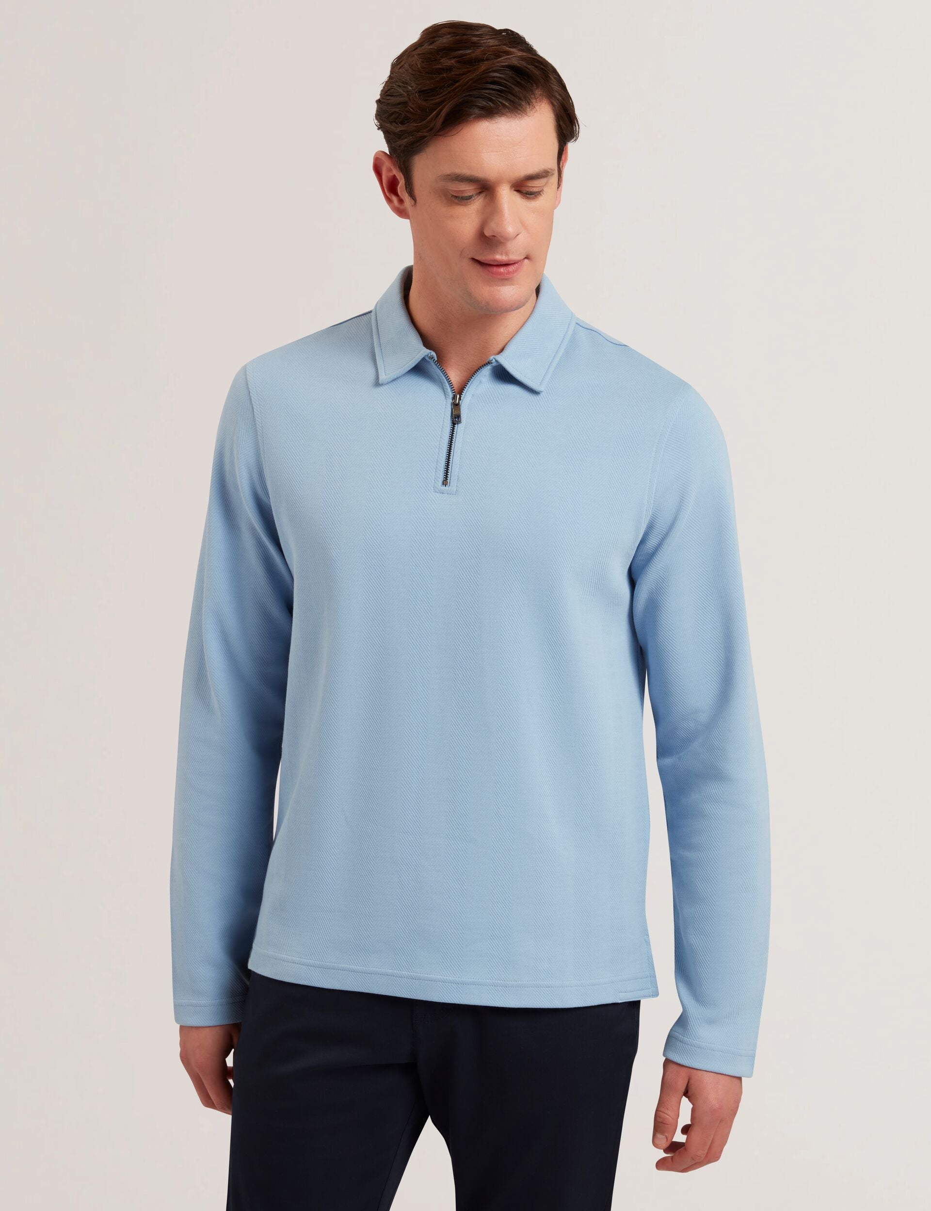 Ted Baker KALEND - Herringbone Zip Neck Long Sleeve Polo Shirt BLUE