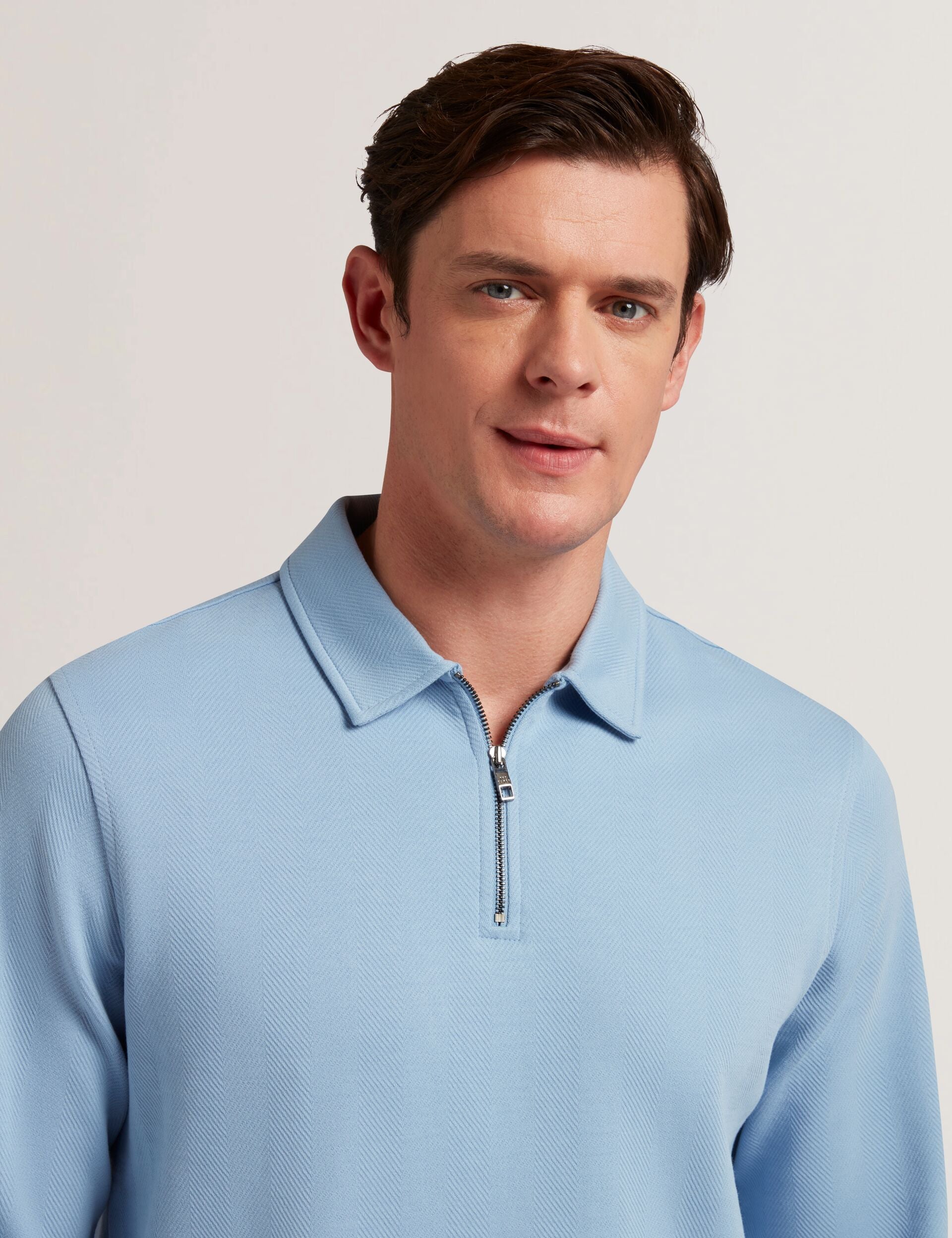 Ted Baker KALEND - Herringbone Zip Neck Long Sleeve Polo Shirt BLUE