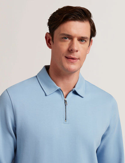 Ted Baker KALEND - Herringbone Zip Neck Long Sleeve Polo Shirt BLUE