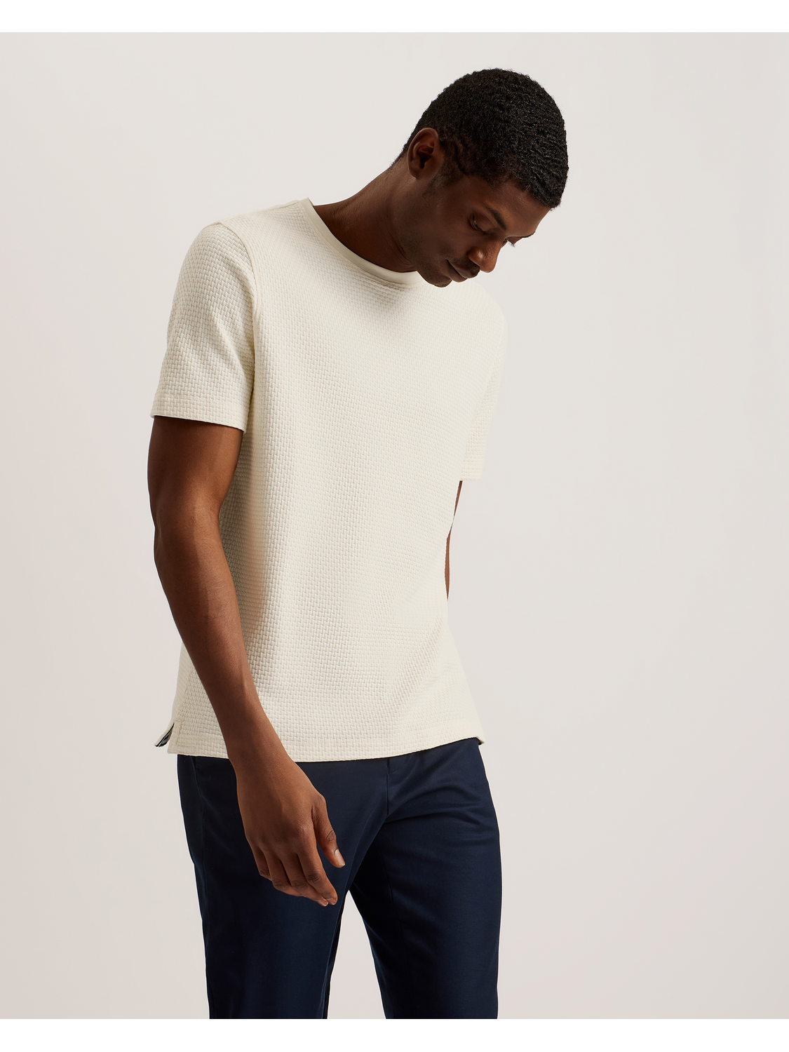 Ted Baker CURLYS Zig Zag Texture Knitted Cotton T-Shirt ECRU