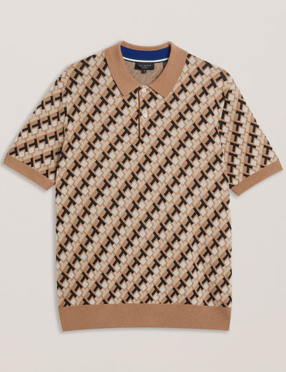 Ted Baker SEFERRY - Interlocking T Jacquard Knitted Polo Shirt BROWN