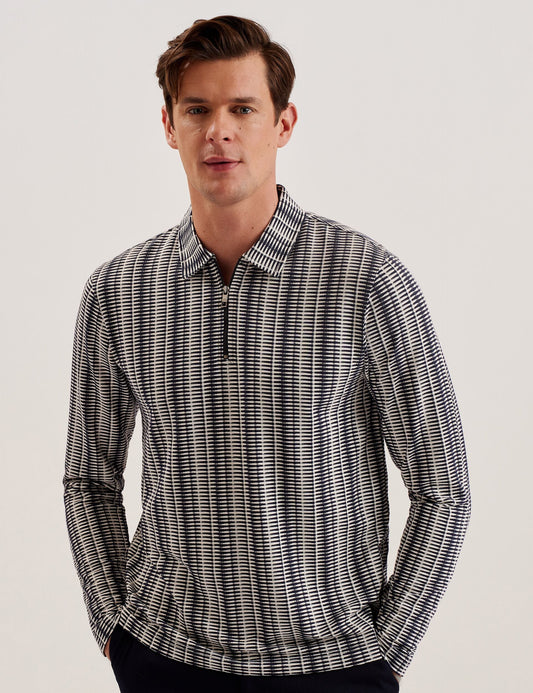 Ted Baker CAPUZZO - Long Sleeve Geo Stripe Zip Polo Shirt NAVY