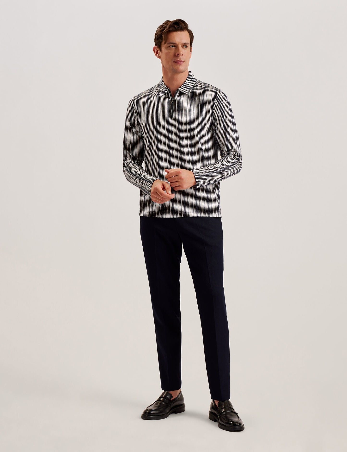 Ted Baker CAPUZZO - Long Sleeve Geo Stripe Zip Polo Shirt NAVY