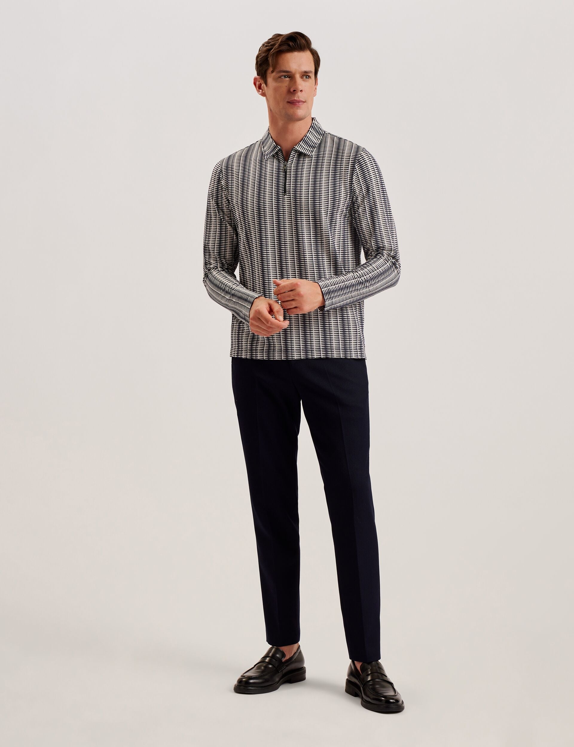 Ted Baker CAPUZZO - Long Sleeve Geo Stripe Zip Polo Shirt NAVY