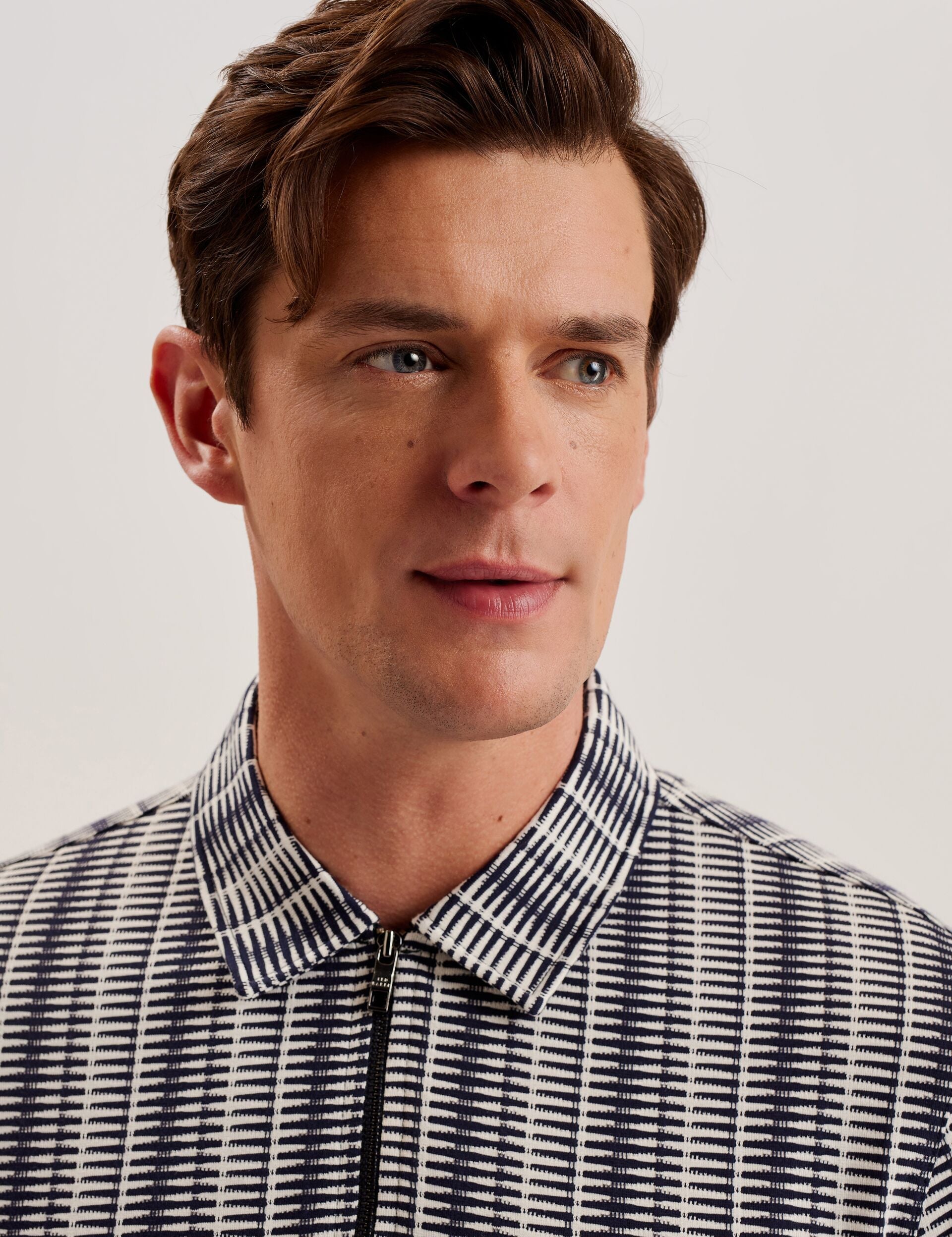 Ted Baker CAPUZZO - Long Sleeve Geo Stripe Zip Polo Shirt NAVY