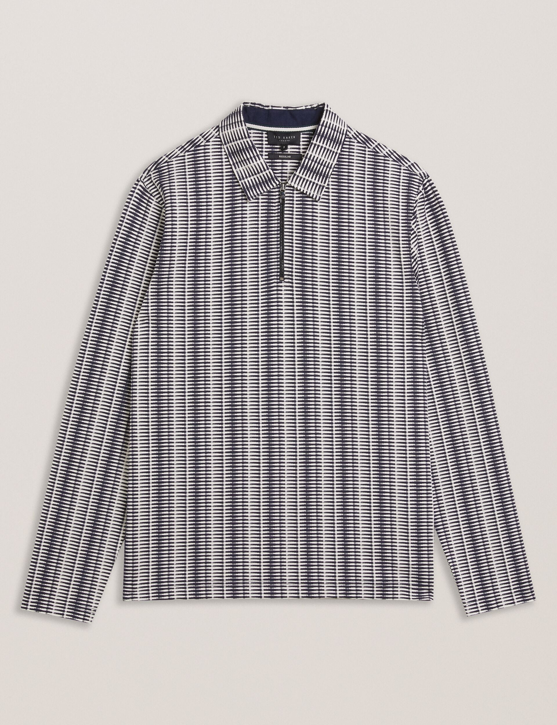 Ted Baker CAPUZZO - Long Sleeve Geo Stripe Zip Polo Shirt NAVY
