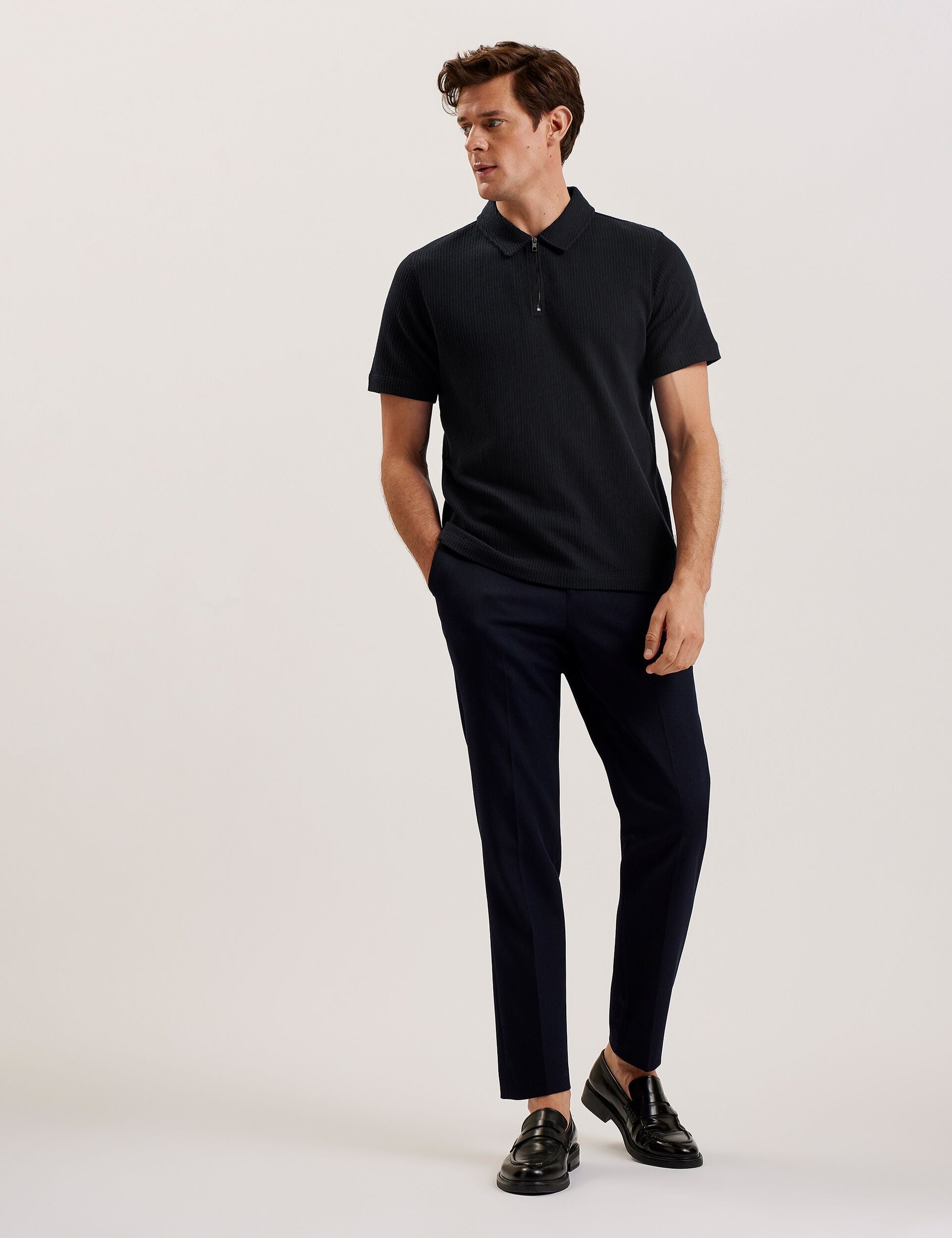 Ted Baker ELGRAVE - Ribbed Cotton Zip Neck Polo Shirt NAVY