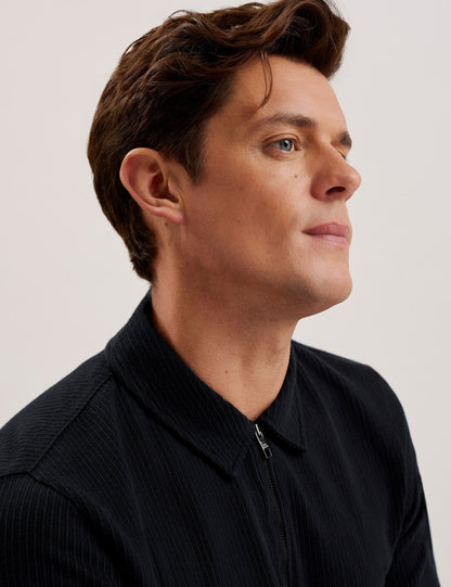 Ted Baker ELGRAVE - Ribbed Cotton Zip Neck Polo Shirt NAVY