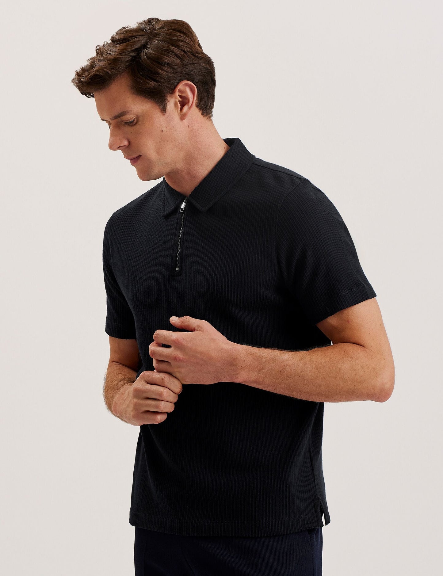 Ted Baker ELGRAVE - Ribbed Cotton Zip Neck Polo Shirt NAVY