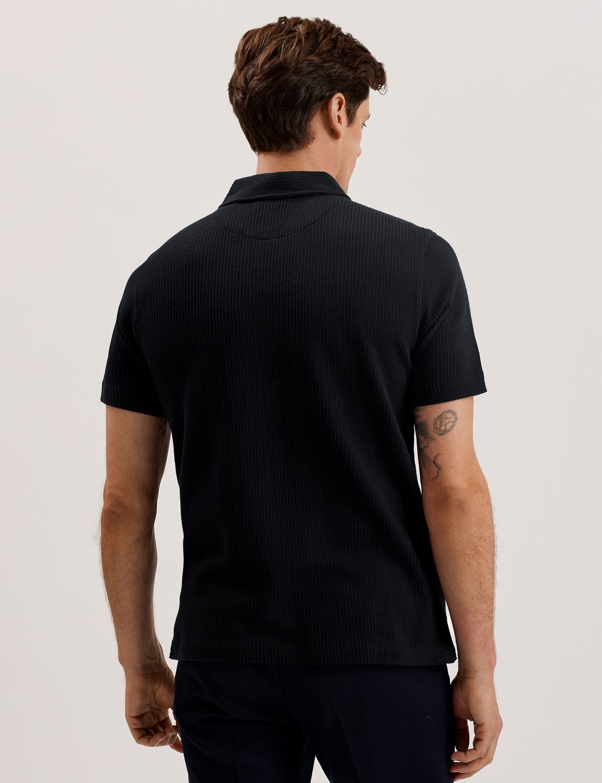 Ted Baker ELGRAVE - Ribbed Cotton Zip Neck Polo Shirt NAVY