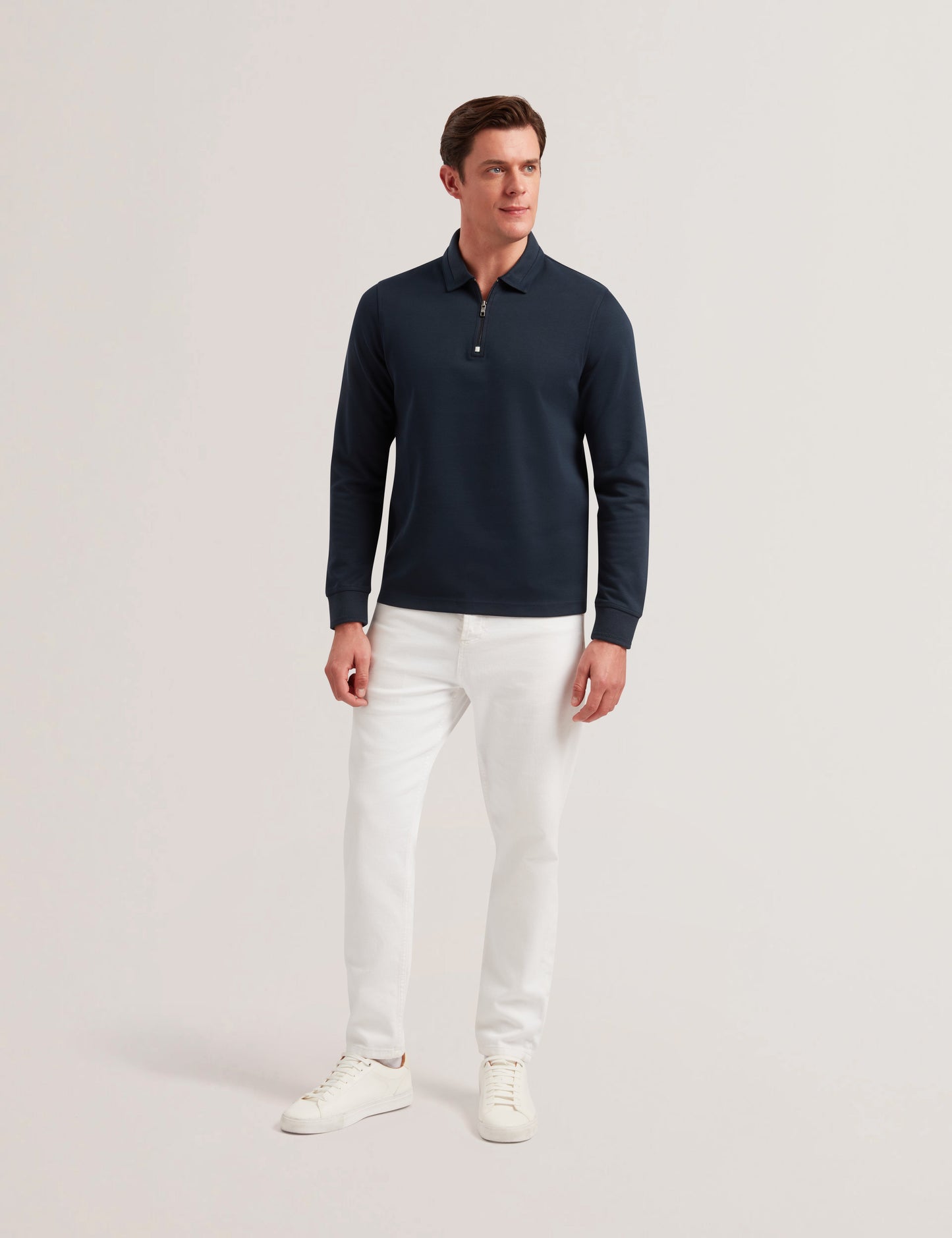 Ted Baker INGMAR - Long Sleeve Cotton Blend Zip Polo Shirt NAVY