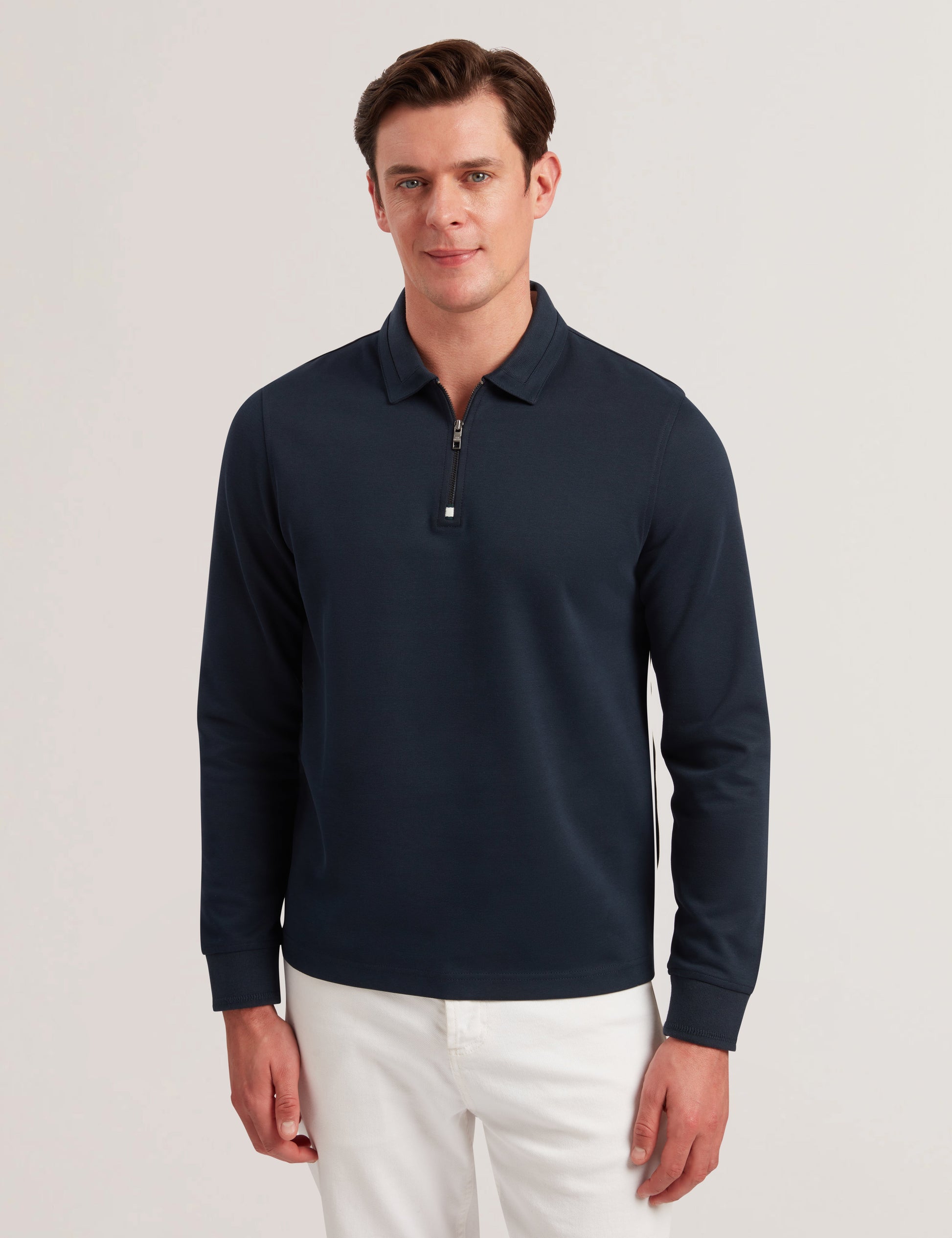 Ted Baker INGMAR - Long Sleeve Cotton Blend Zip Polo Shirt NAVY