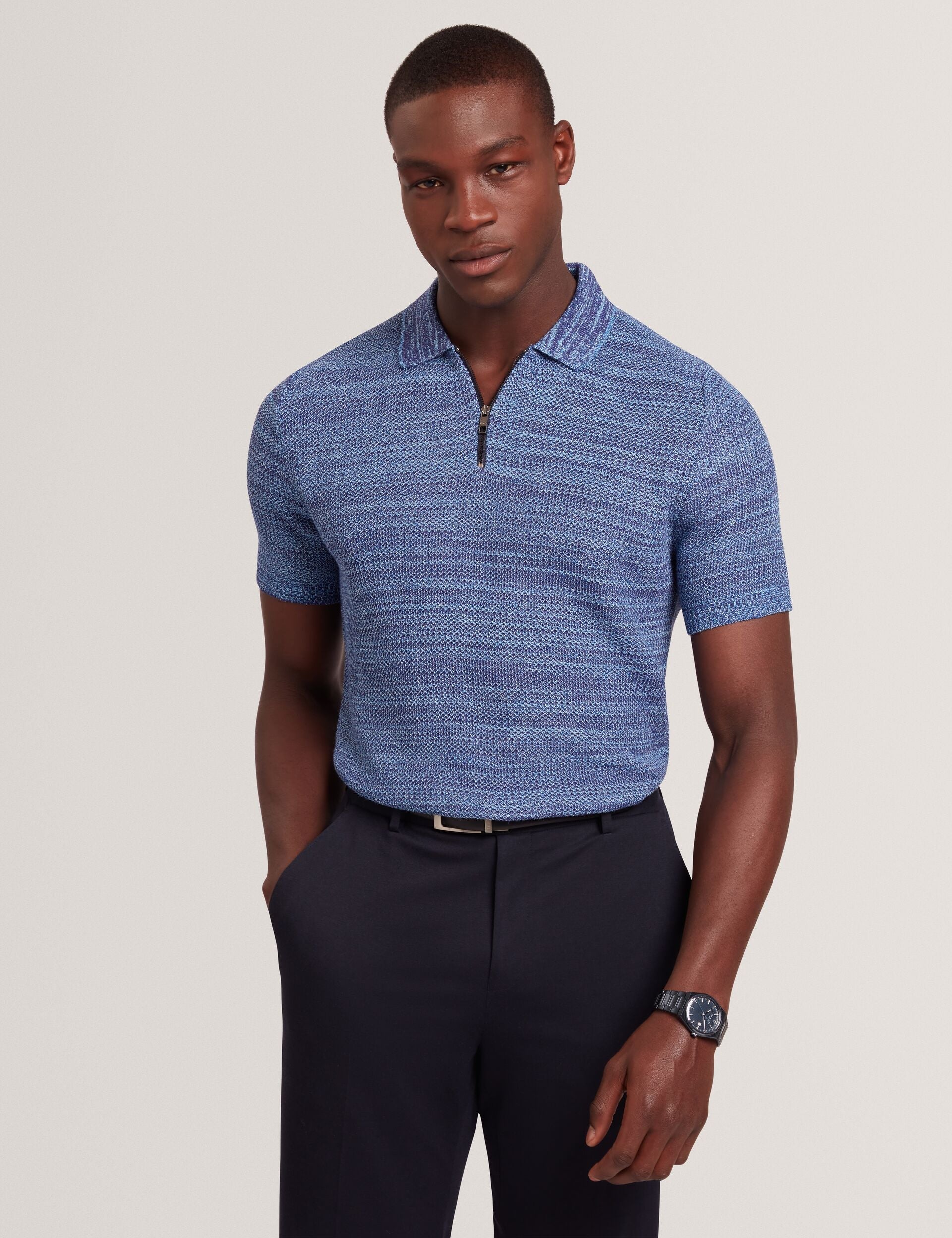 Ted Baker BLOSSAM - Space Dye Zip Neck Polo Shirt BLUE