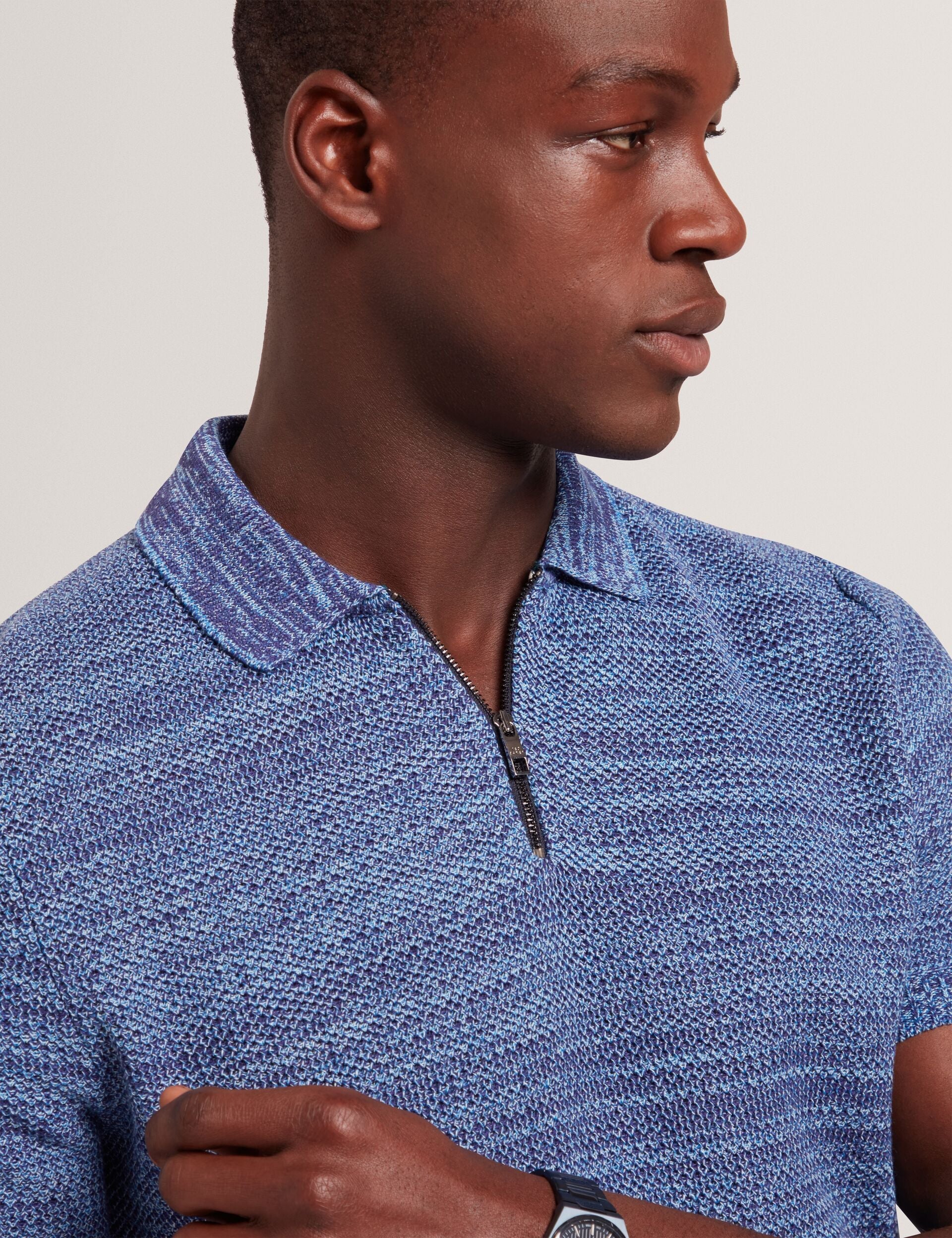 Ted Baker BLOSSAM - Space Dye Zip Neck Polo Shirt BLUE
