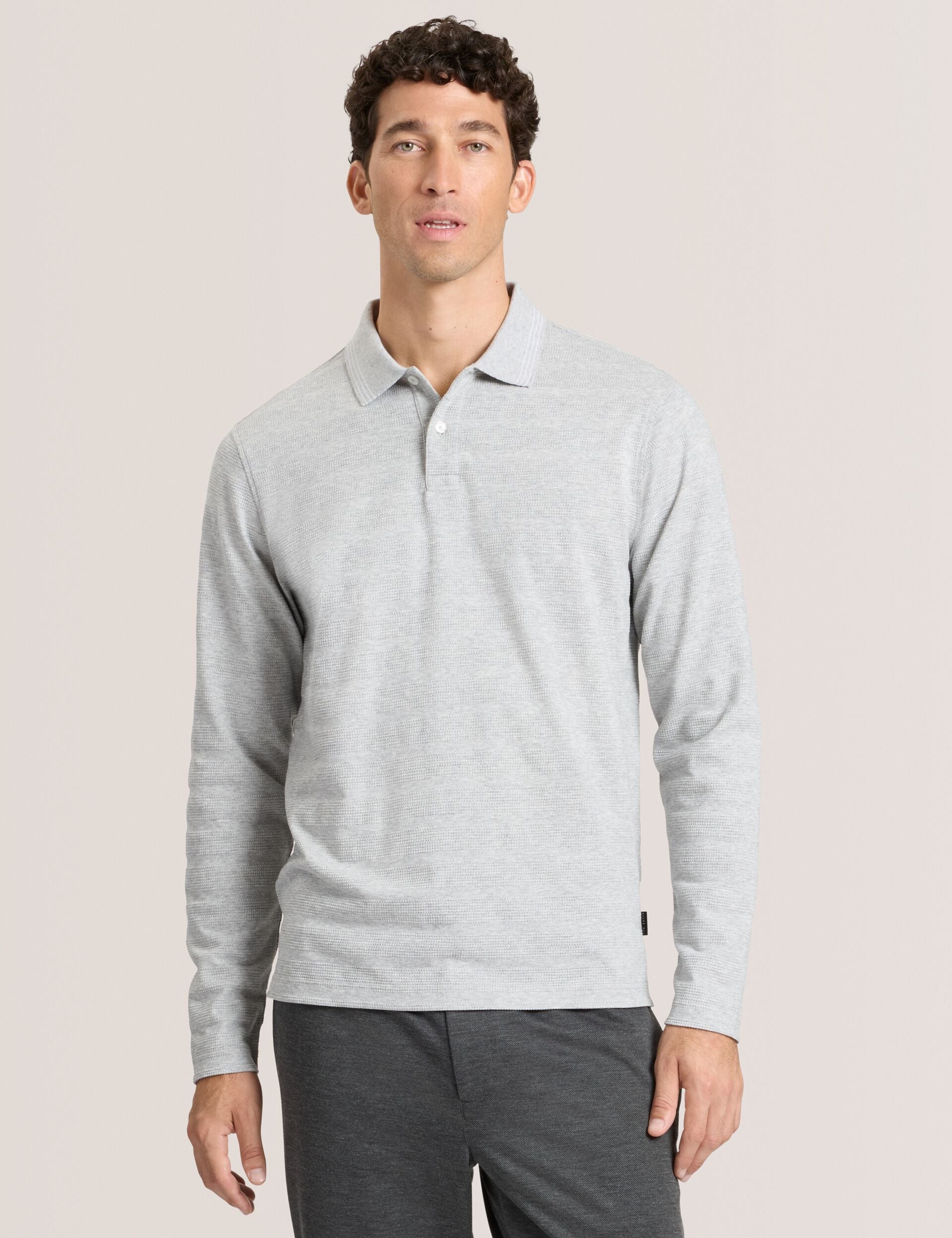 Ted Baker POPCORN STRIPE LONG SLEEVE POLO - Grey Heather GREY