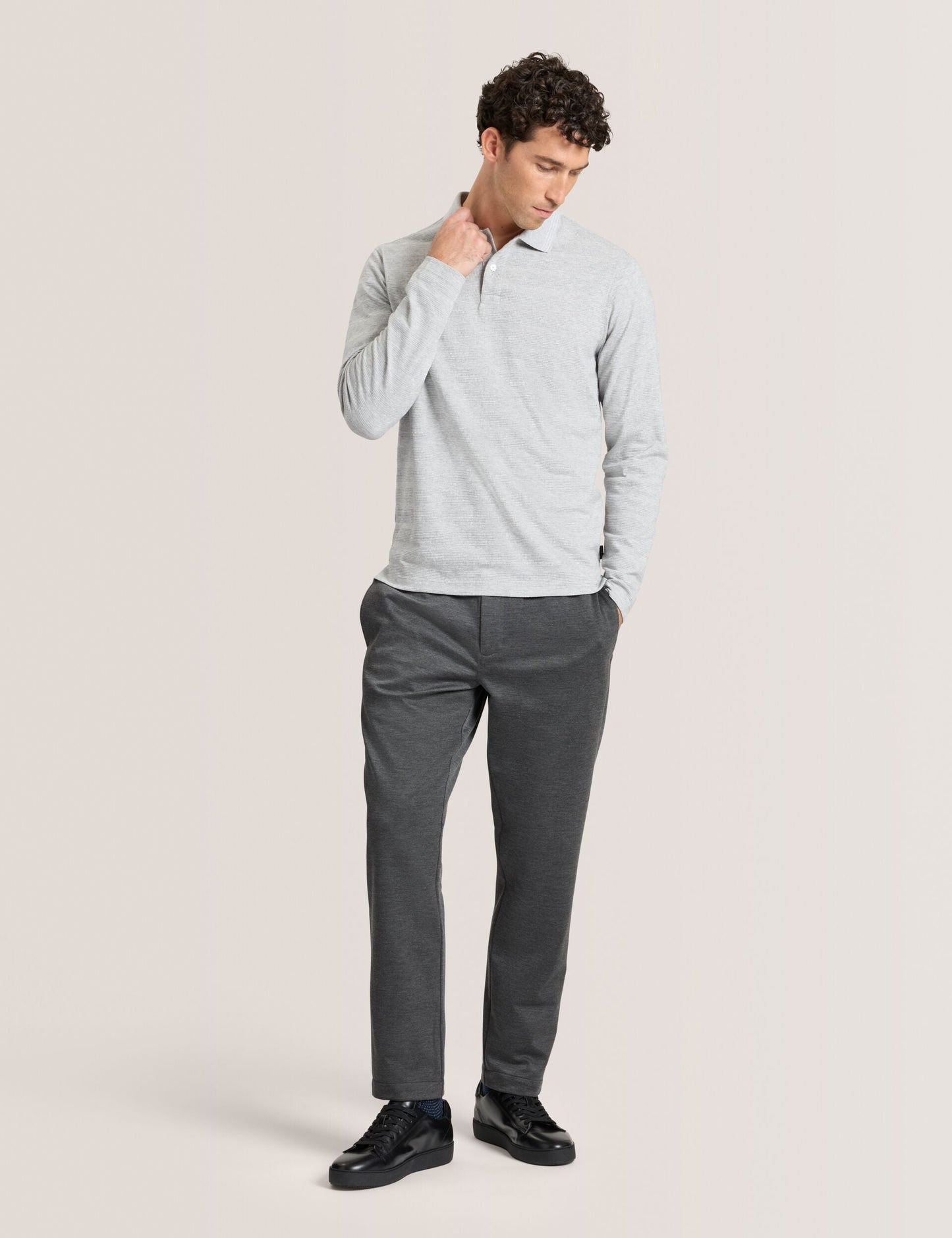 Ted Baker POPCORN STRIPE LONG SLEEVE POLO - Grey Heather GREY