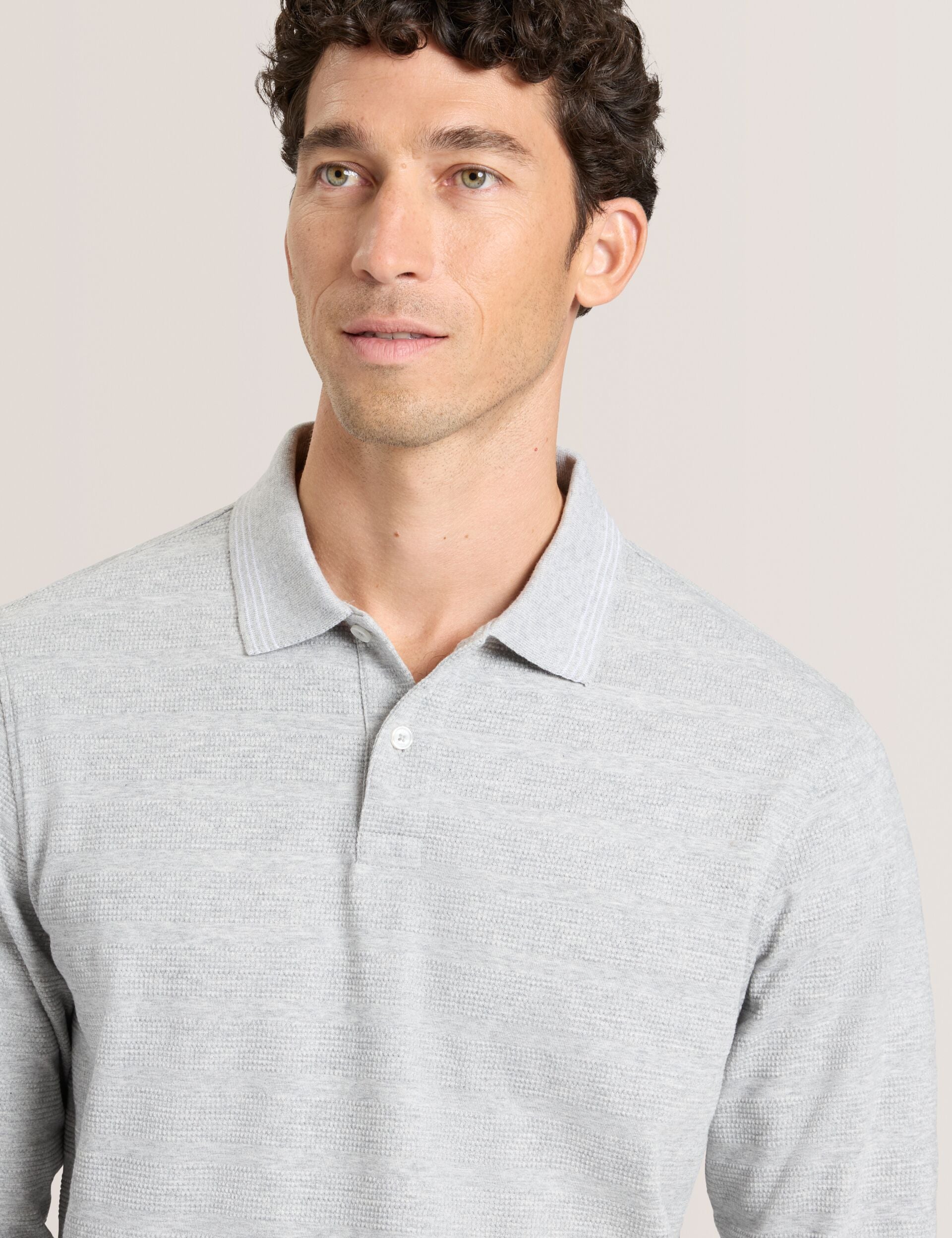 Ted Baker POPCORN STRIPE LONG SLEEVE POLO - Grey Heather GREY
