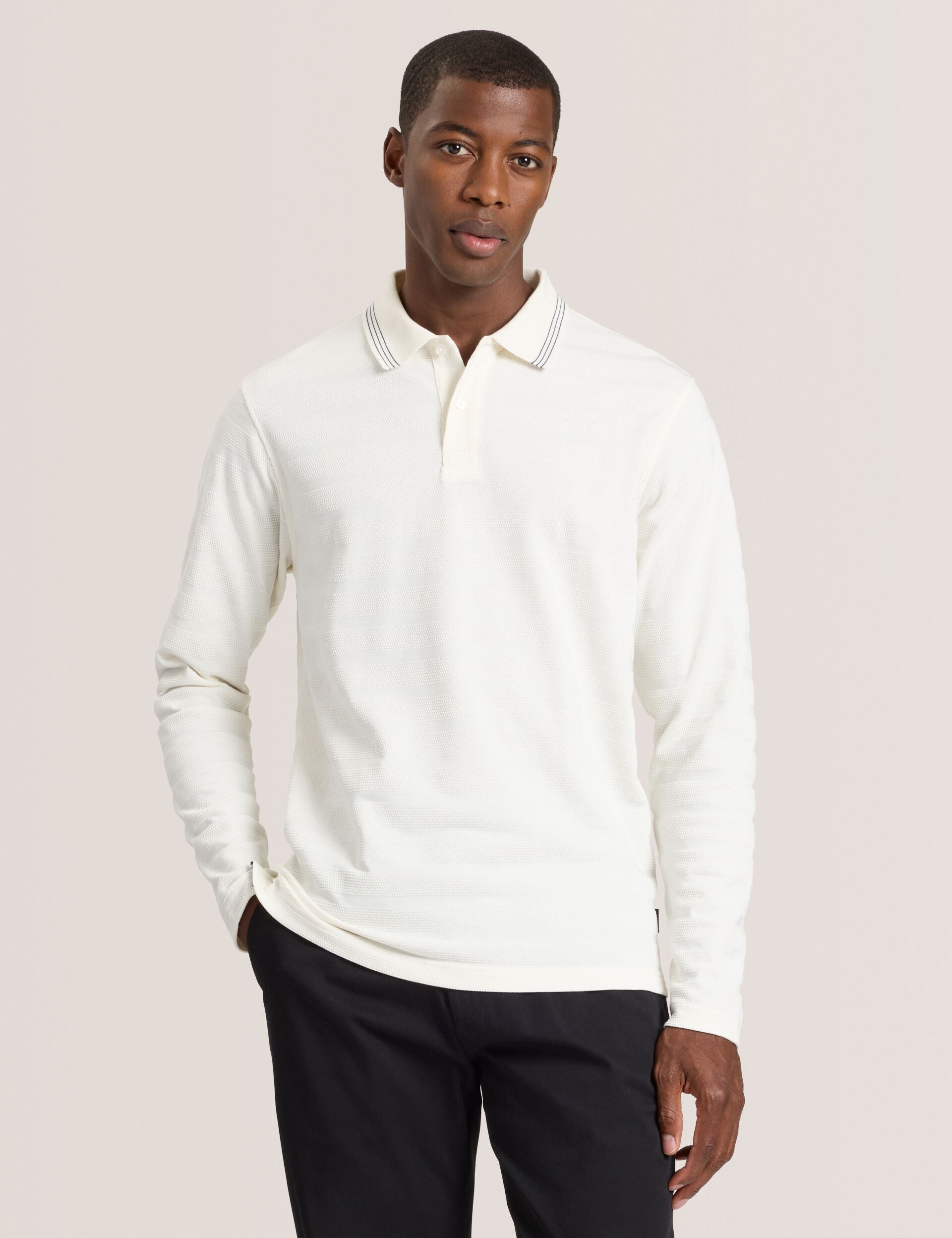 Ted Baker POPCORN STRIPE LONG SLEEVE POLO - Egret WHITE