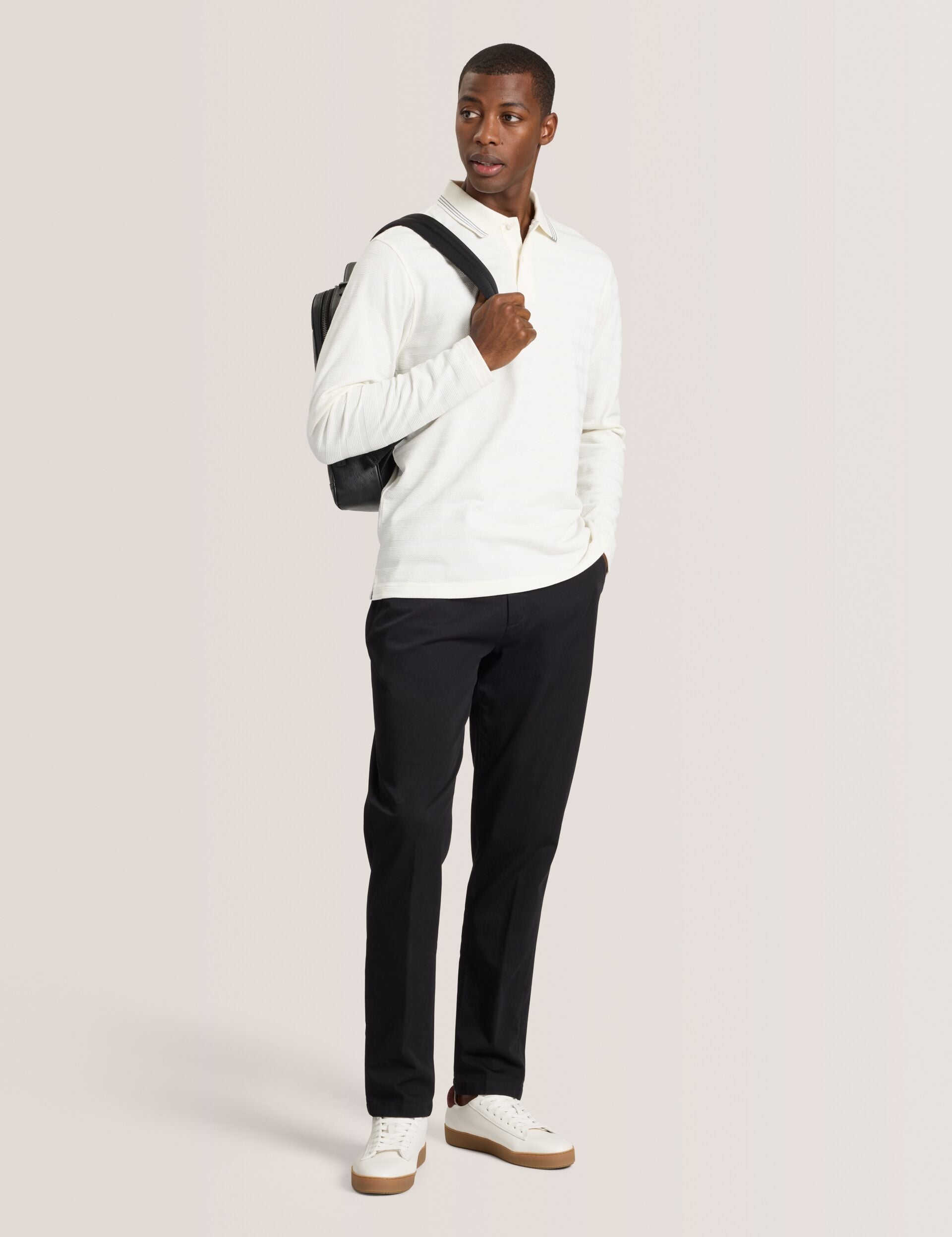 Ted Baker POPCORN STRIPE LONG SLEEVE POLO - Egret WHITE