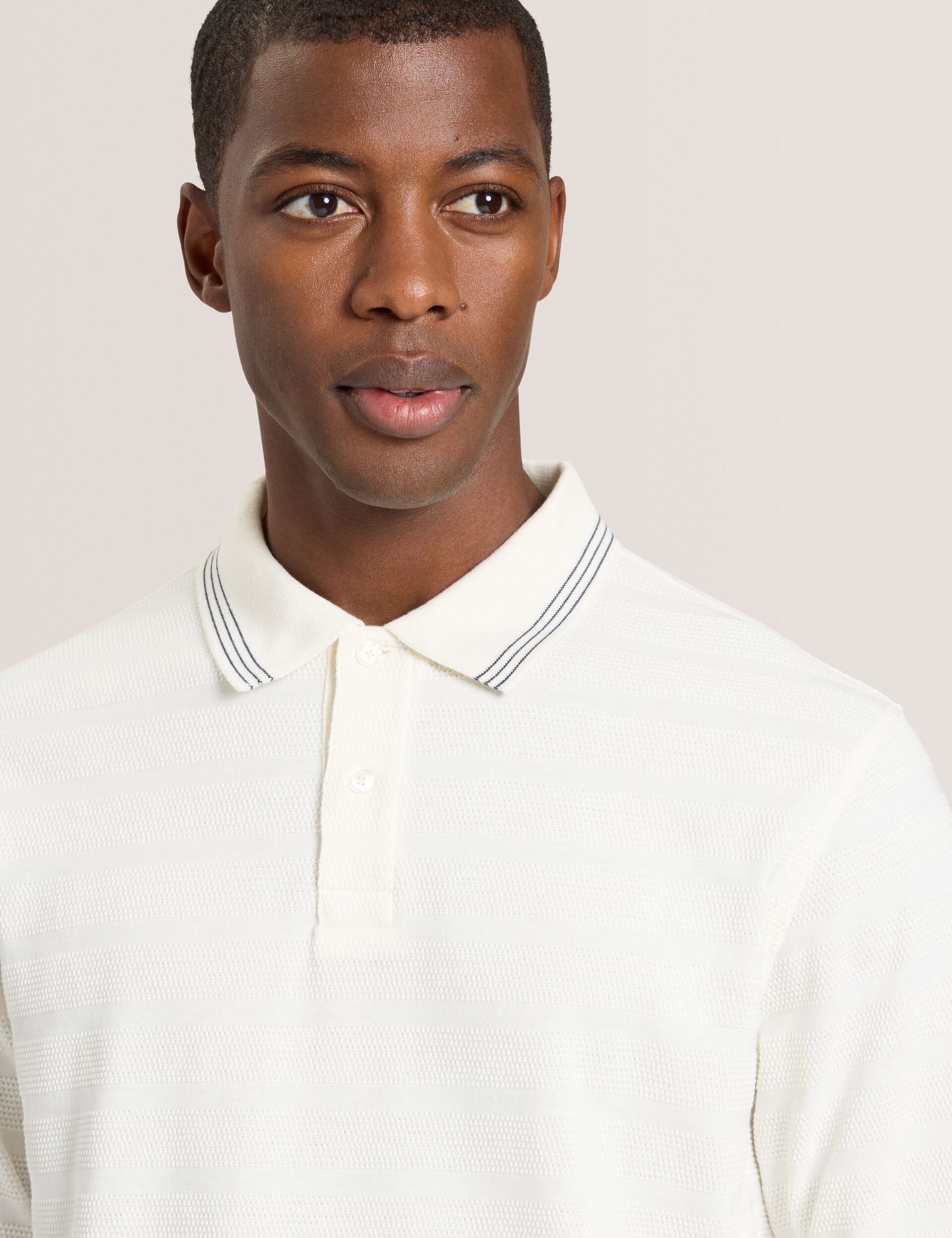 Ted Baker POPCORN STRIPE LONG SLEEVE POLO - Egret WHITE