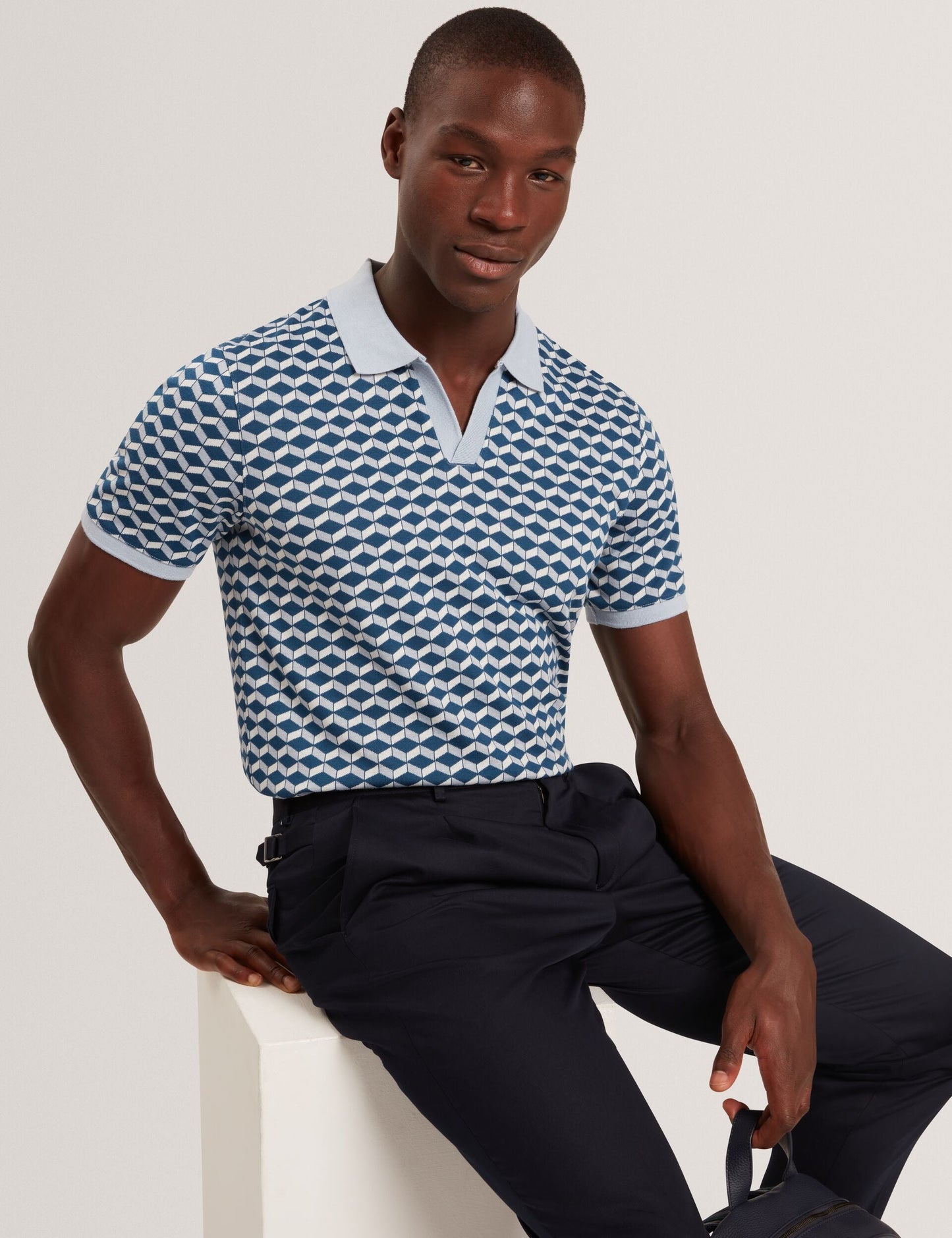 Ted Baker LIRIEN Geometric Jacquard Pique Polo Shirt DARK BLUE