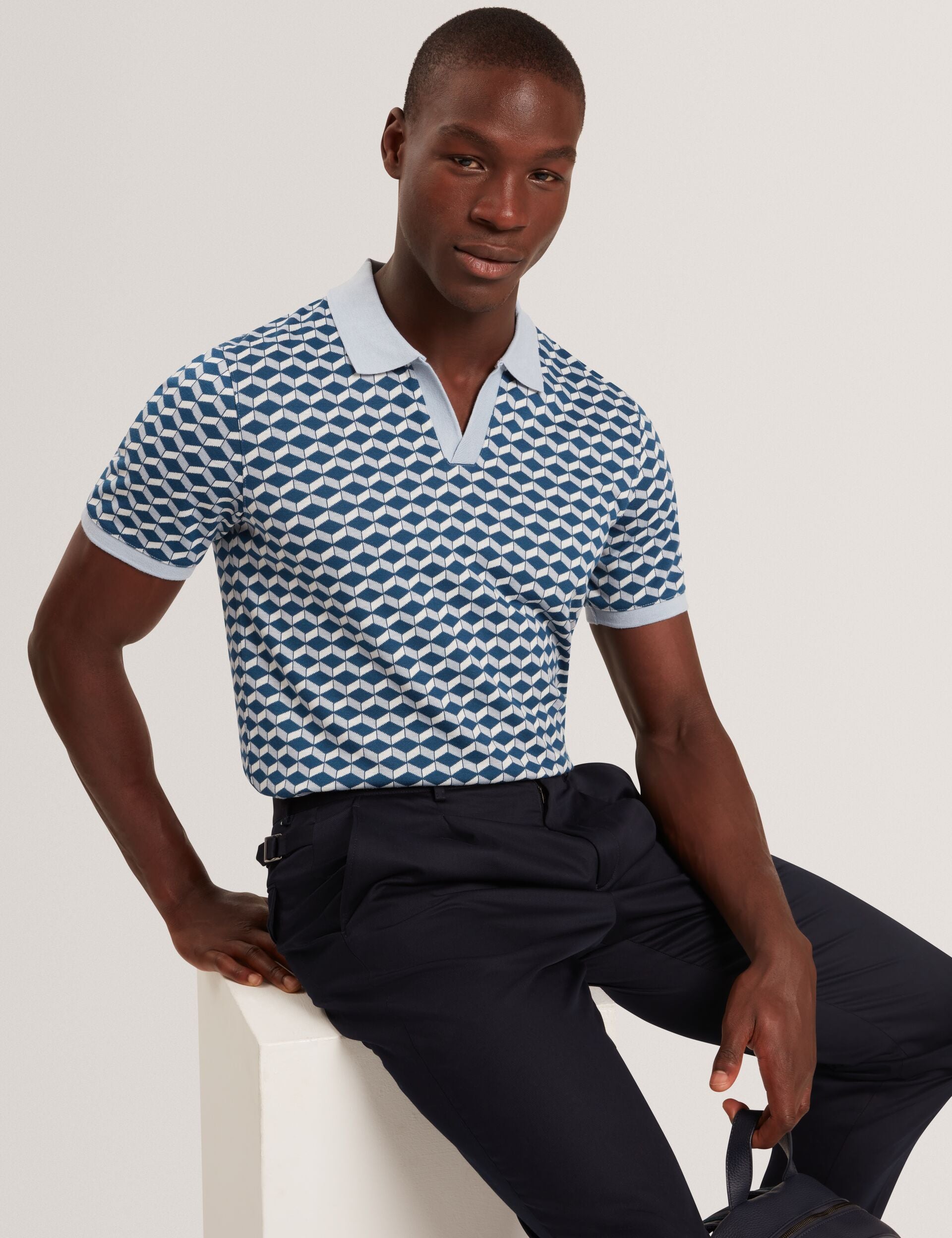 Ted Baker LIRIEN Geometric Jacquard Pique Polo Shirt DARK BLUE