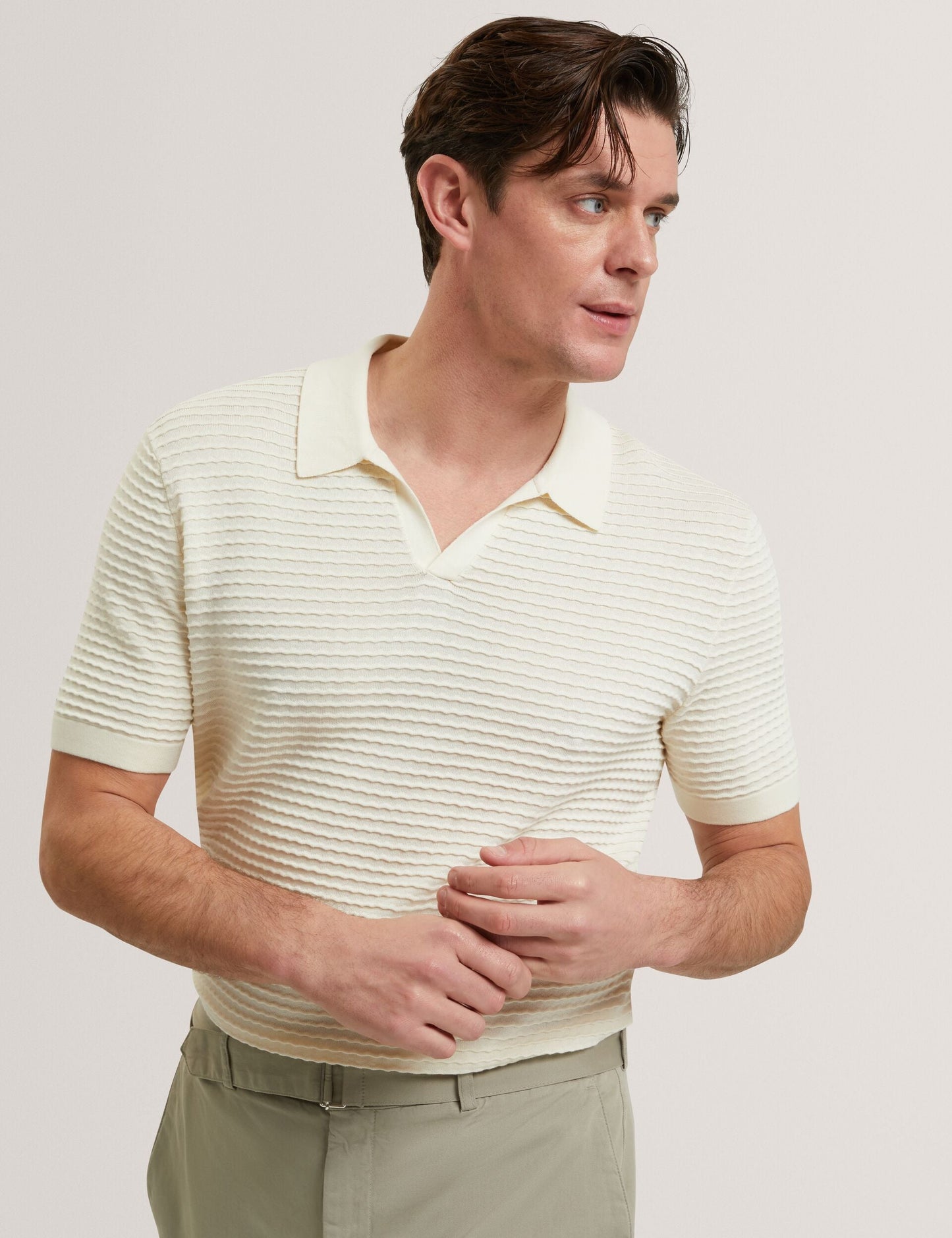 Ted Baker BESTEL - Short Sleeve Wavy Stitch Open Neck Polo WHITE