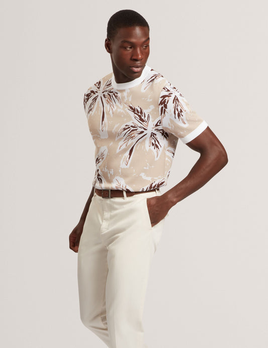 Ted Baker EZRRA - Leaf Print Knitted Crew Neck T-Shirt TAUPE