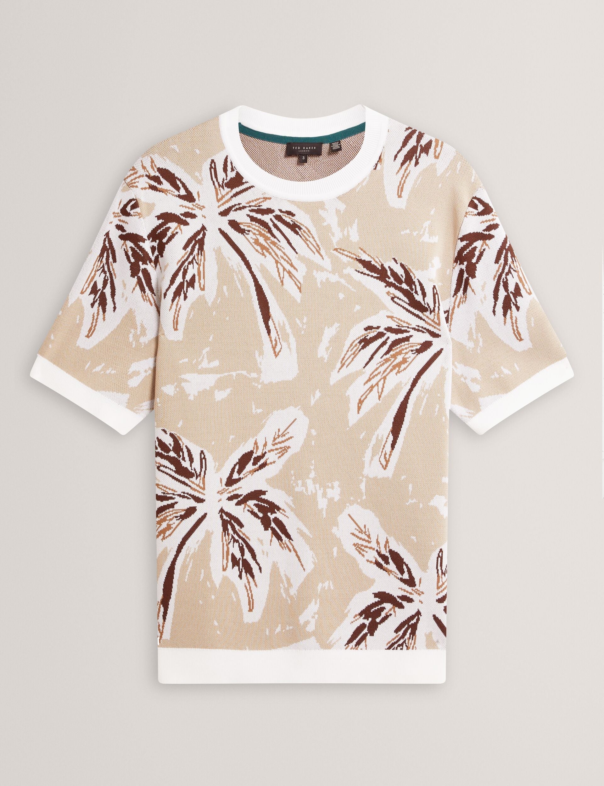 Ted Baker EZRRA - Leaf Print Knitted Crew Neck T-Shirt TAUPE