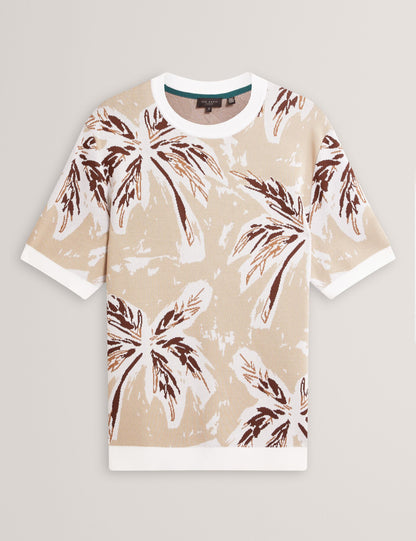 Ted Baker EZRRA - Leaf Print Knitted Crew Neck T-Shirt TAUPE