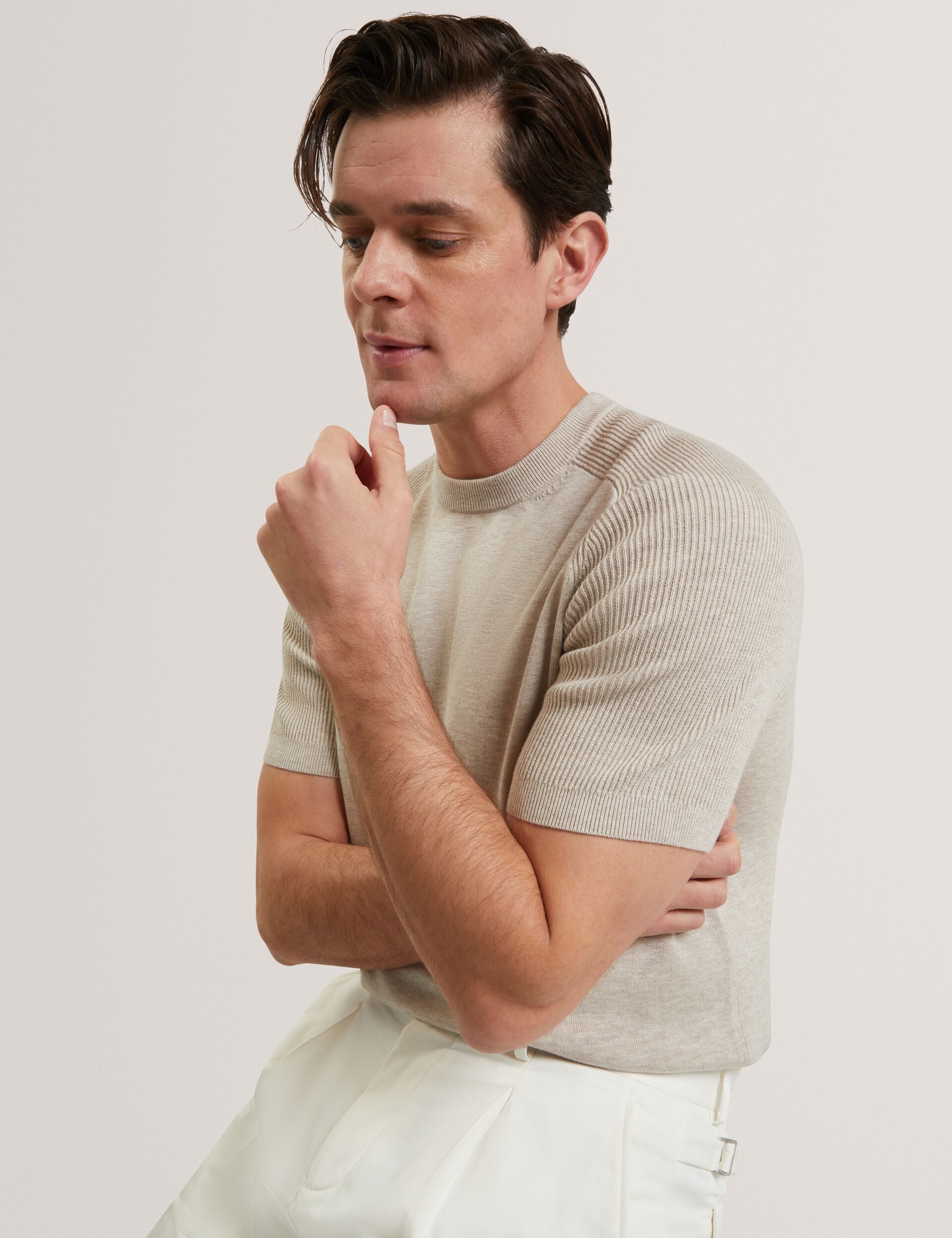 Ted Baker TORRENT - Wool Blend Ribbed Raglan Polo Shirt TAUPE