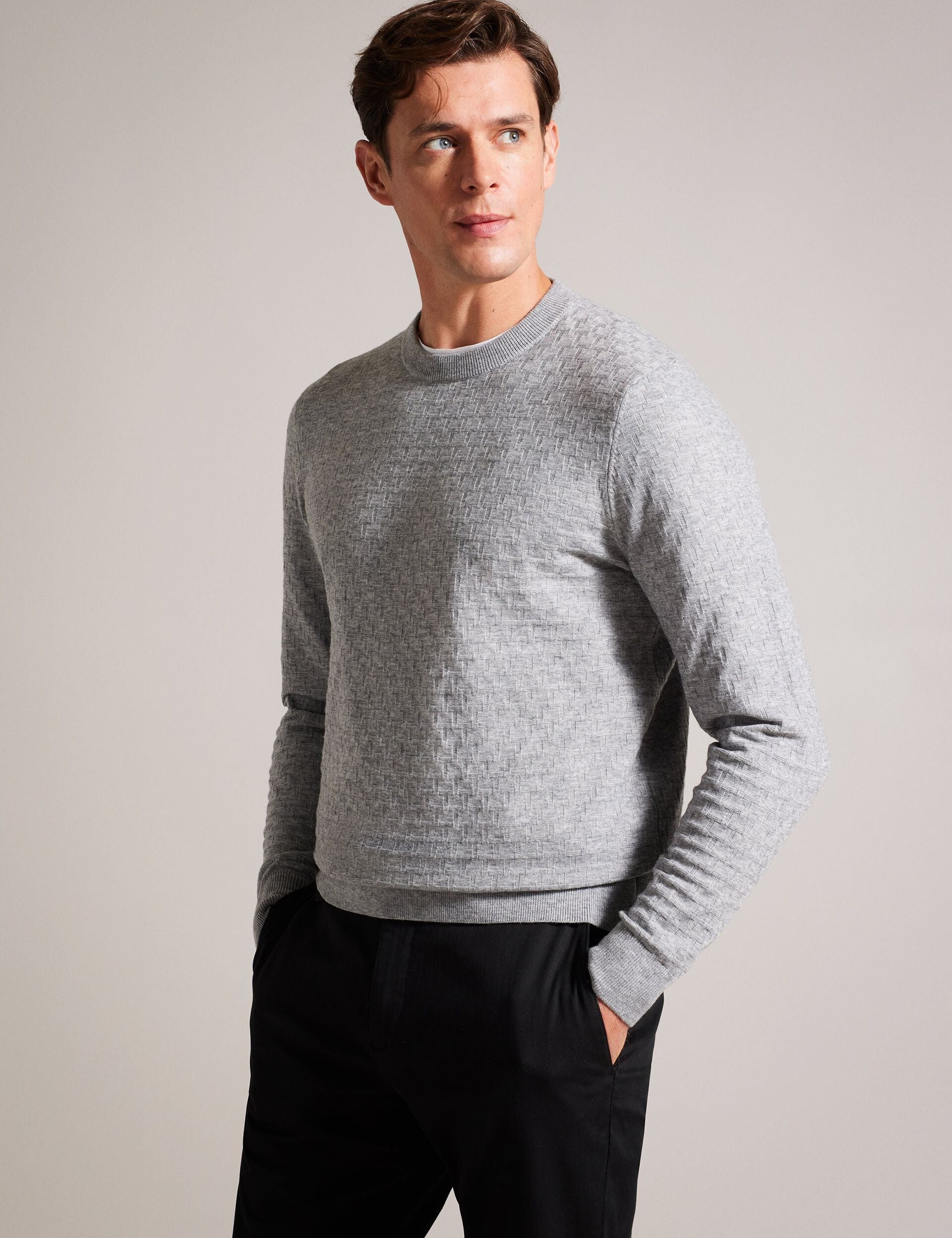 Ted Baker LOUNG - Textured T Knit Crew Neck Sweater GREY MARL
