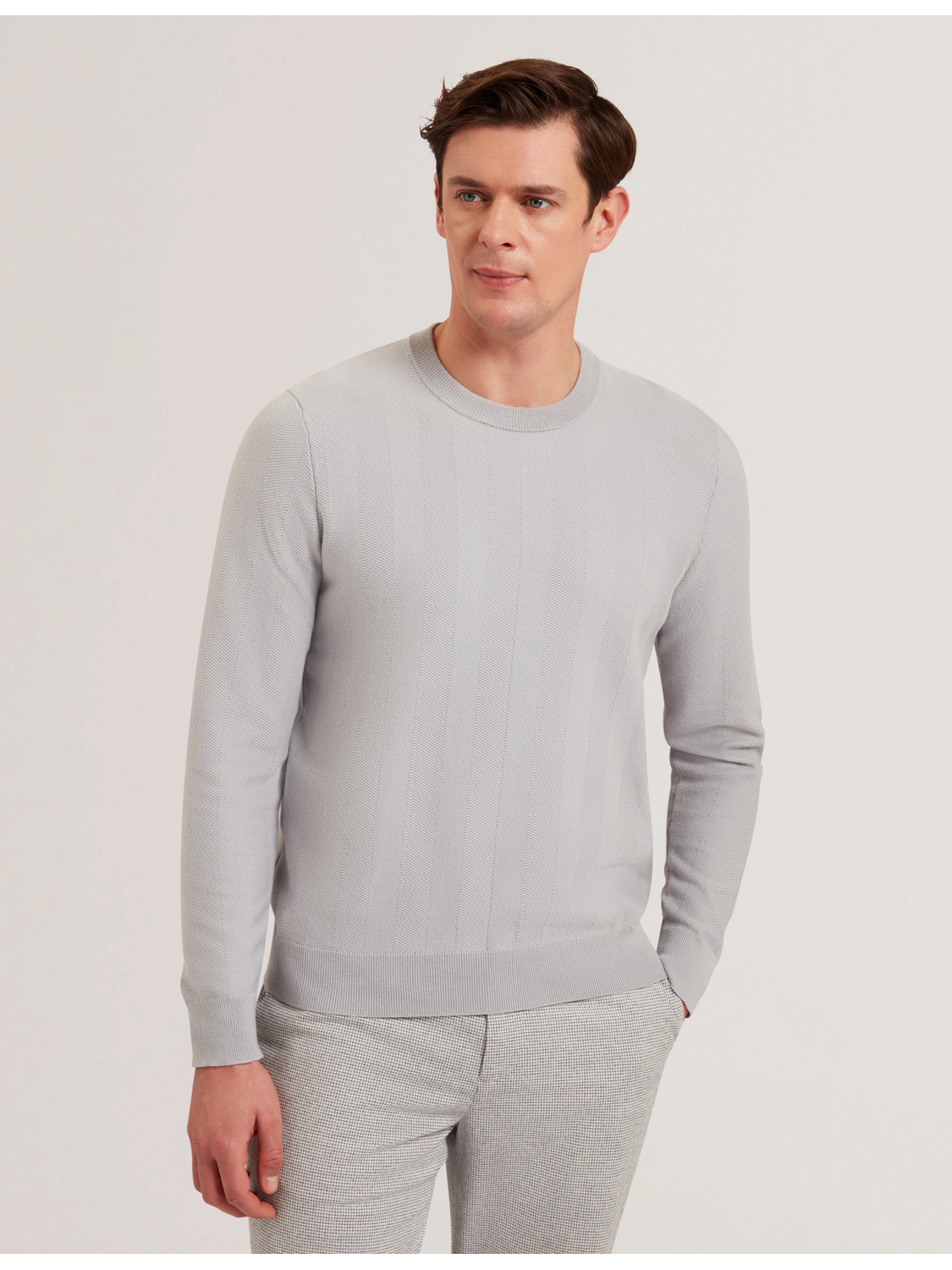 Ted Baker JAMALS - Herringbone Knit Crew Neck Sweater LIGHT GREY